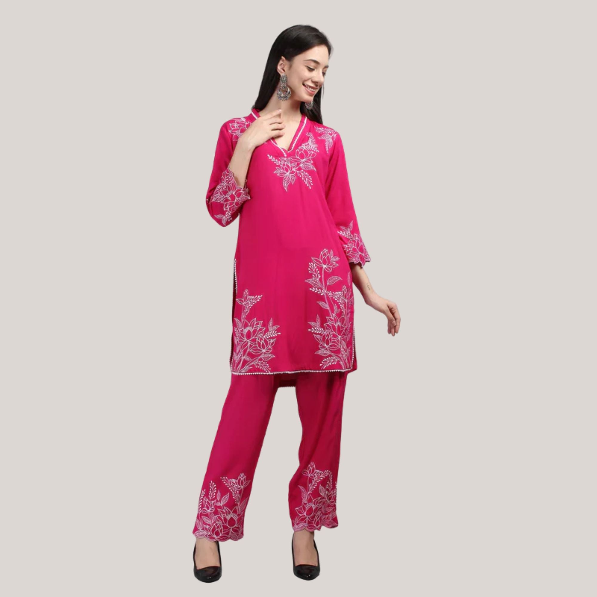 Rayon Co-ord Set With Machine Embroidery Work