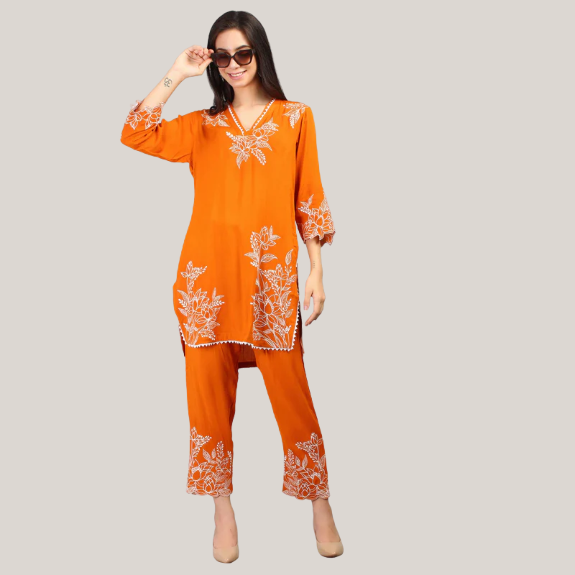 Rayon Co-ord Set With Machine Embroidery Work