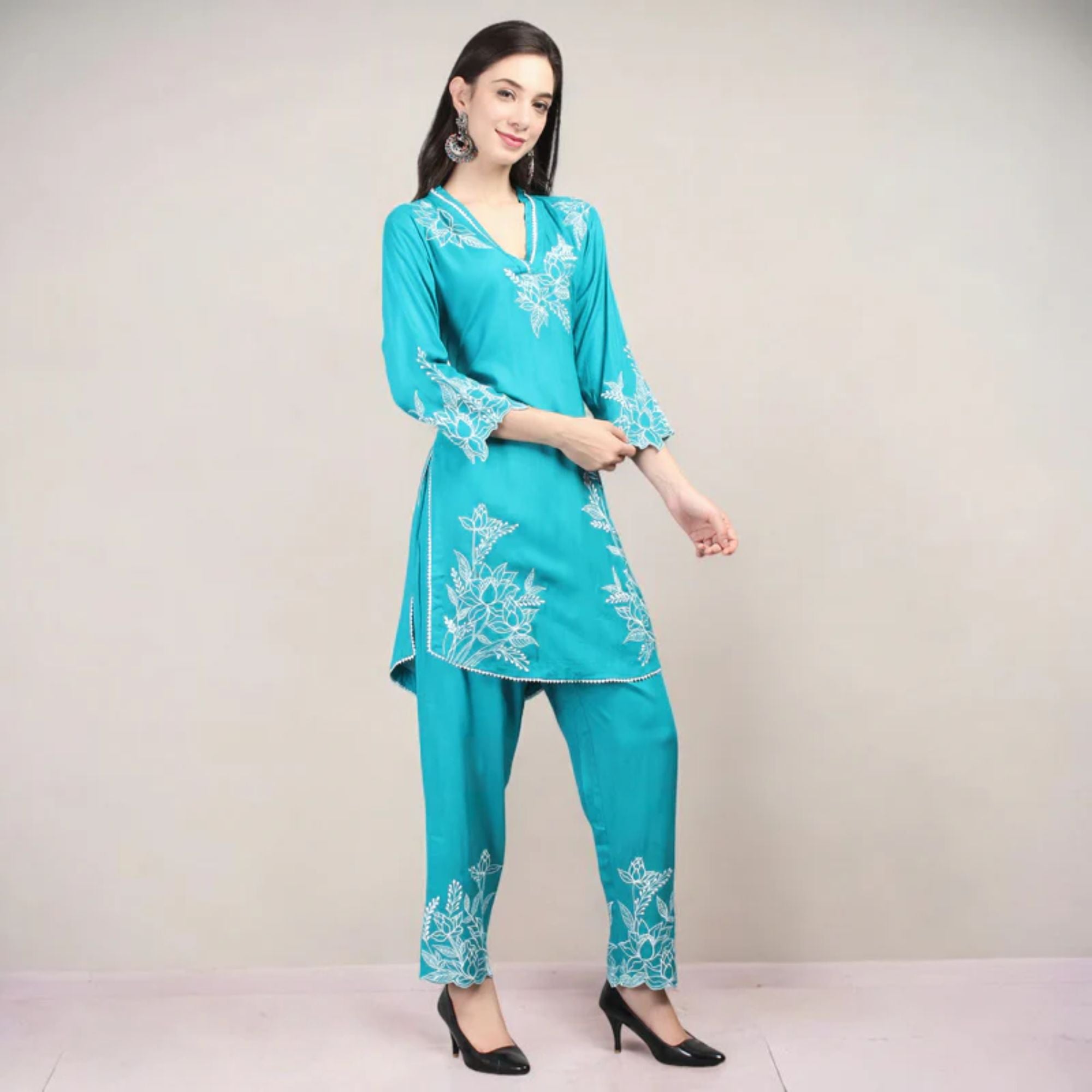 Rayon Co-ord Set With Machine Embroidery Work