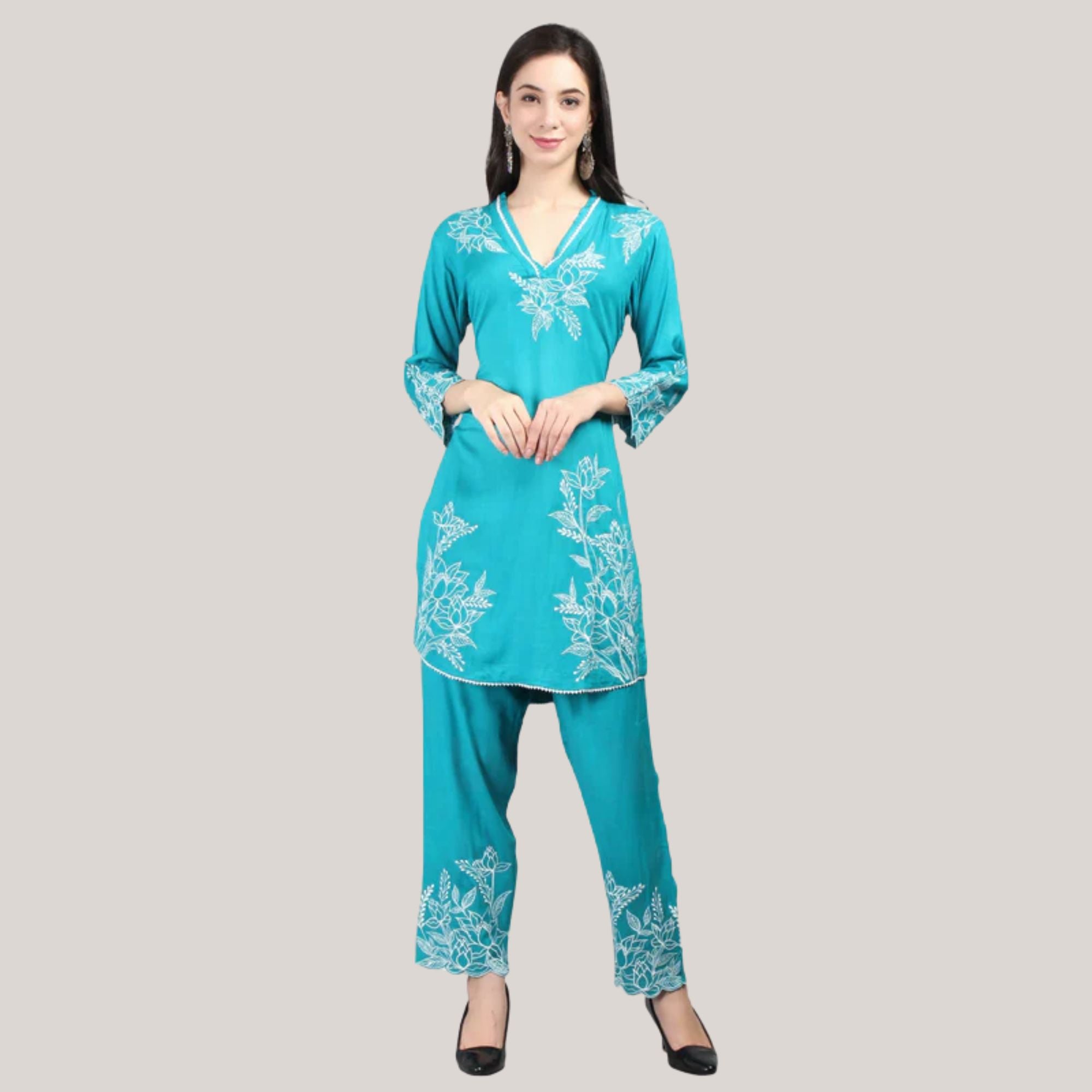 Rayon Co-ord Set With Machine Embroidery Work