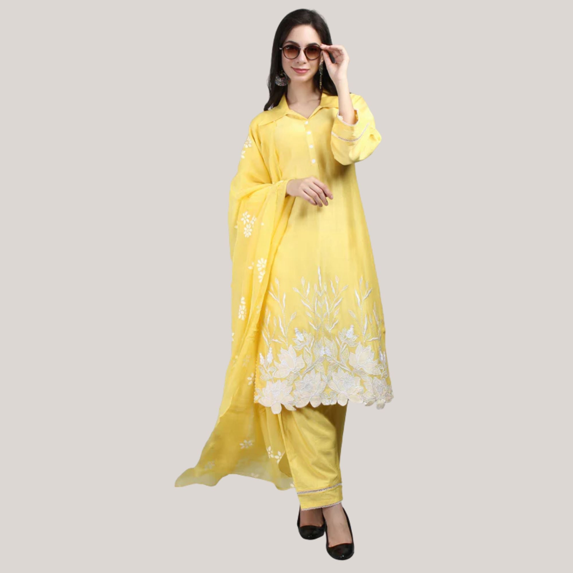 Chanderi Suit Set With Patch Handwork Embroidery