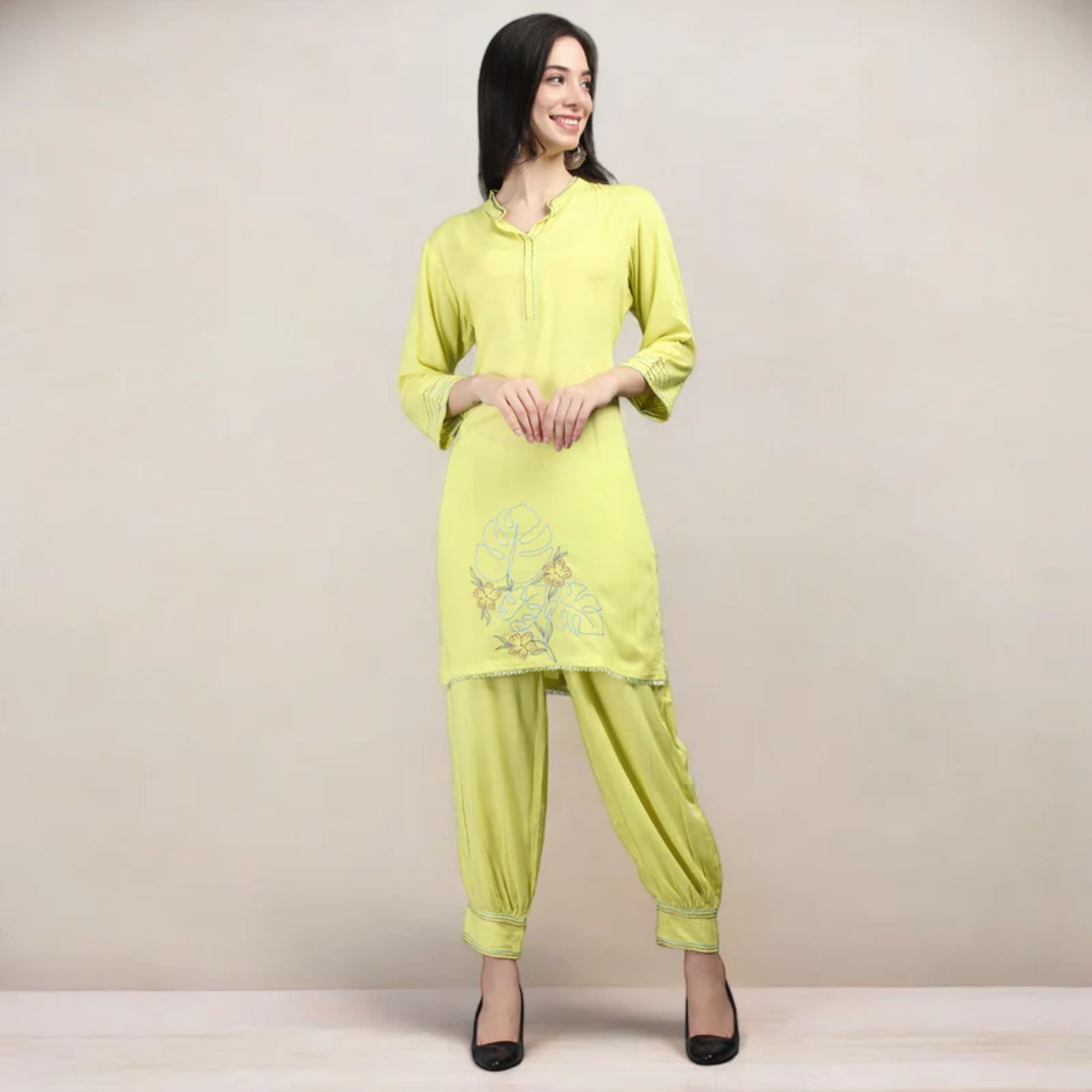 Rayon Afghani Pant Co-ord Set With Thread Work Embroidery