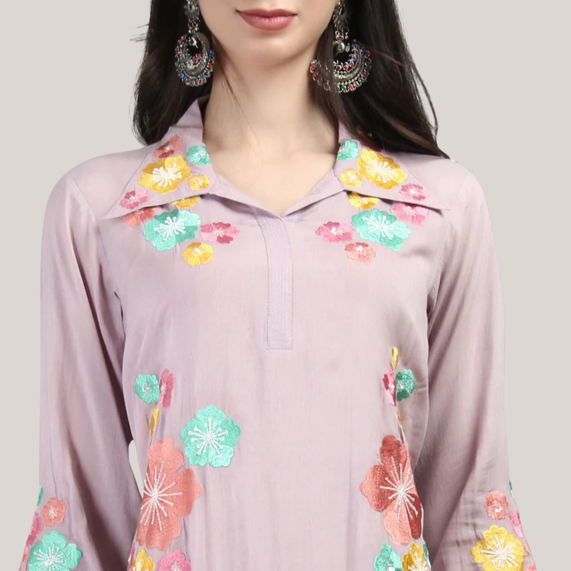 Modal Fabric Kurti-Pant With Flower Pearl And Hand Work Embroidery