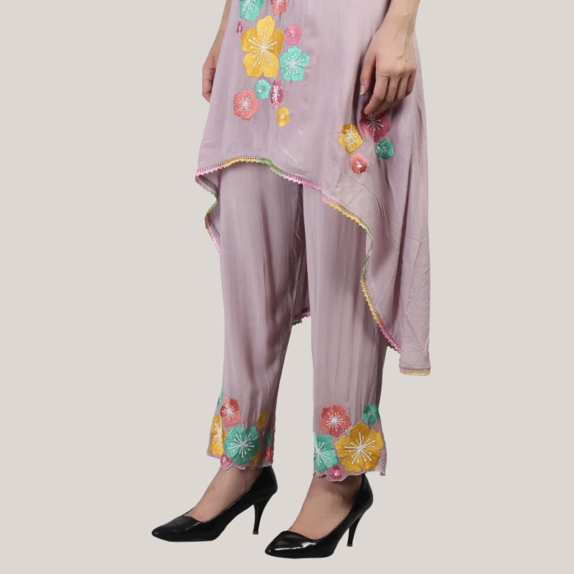 Modal Fabric Kurti-Pant With Flower Pearl And Hand Work Embroidery