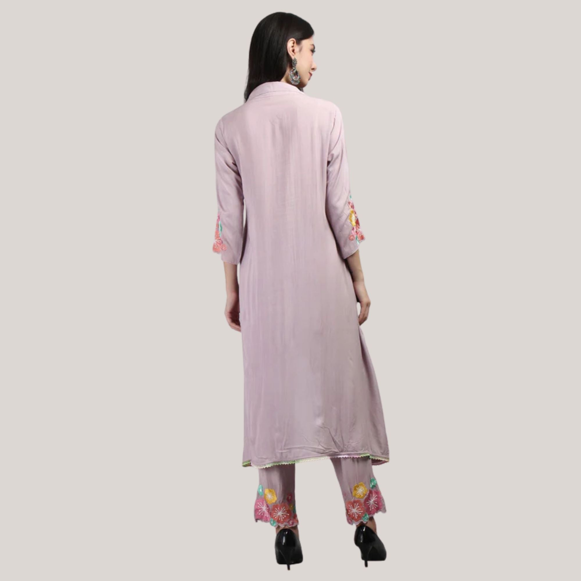 Modal Fabric Kurti-Pant With Flower Pearl And Hand Work Embroidery