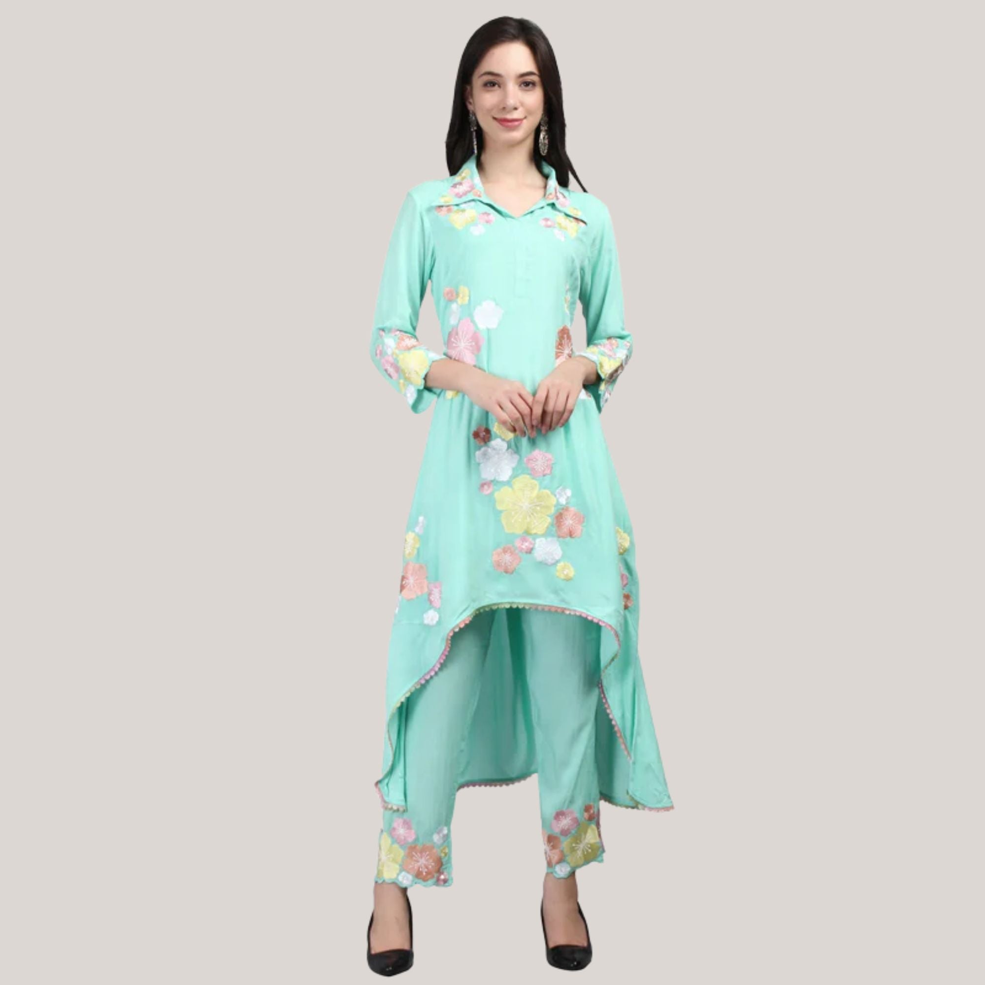 Modal Fabric Kurti-Pant With Flower Pearl And Hand Work Embroidery