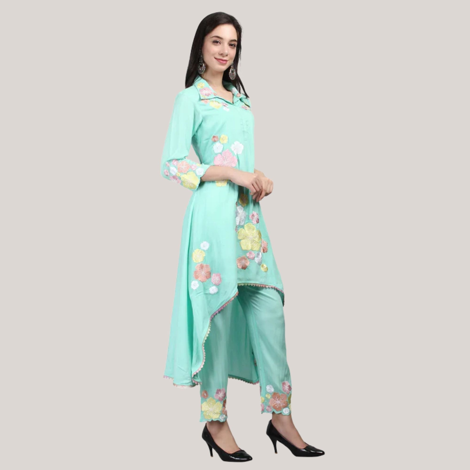 Modal Fabric Kurti-Pant With Flower Pearl And Hand Work Embroidery