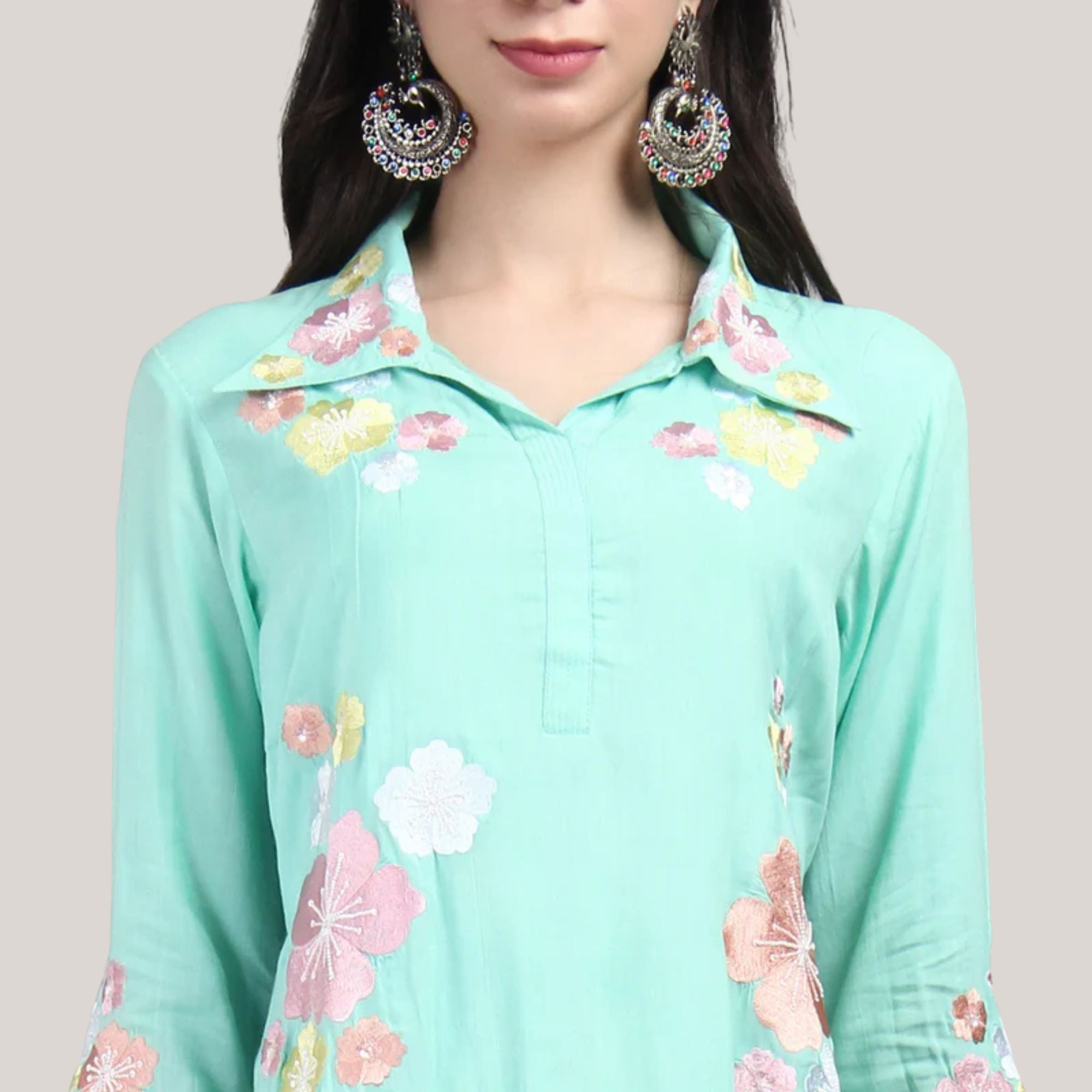 Modal Fabric Kurti-Pant With Flower Pearl And Hand Work Embroidery