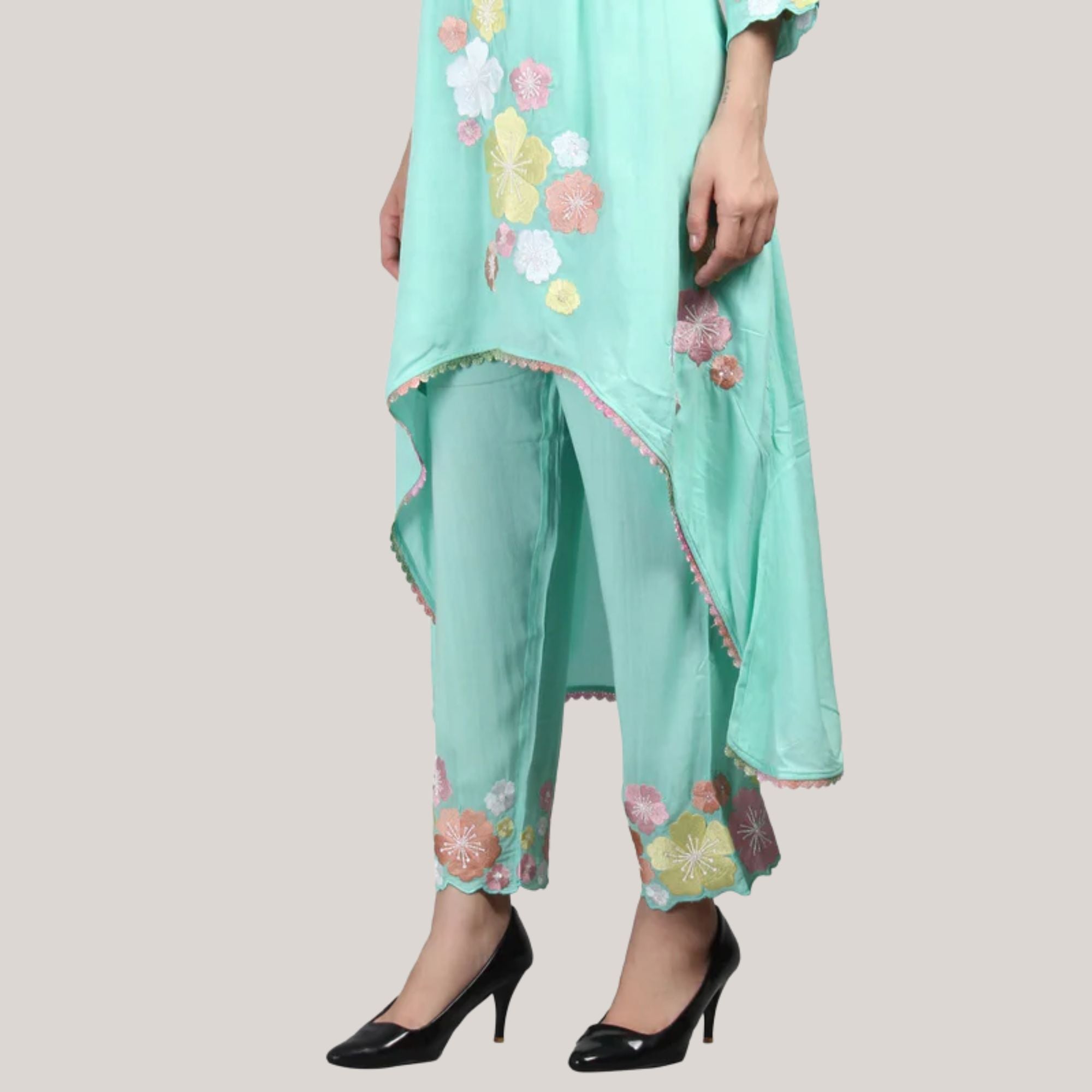 Modal Fabric Kurti-Pant With Flower Pearl And Hand Work Embroidery