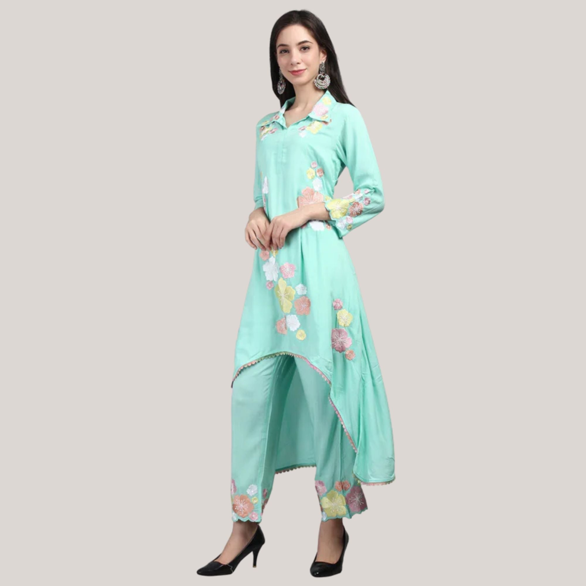 Modal Fabric Kurti-Pant With Flower Pearl And Hand Work Embroidery