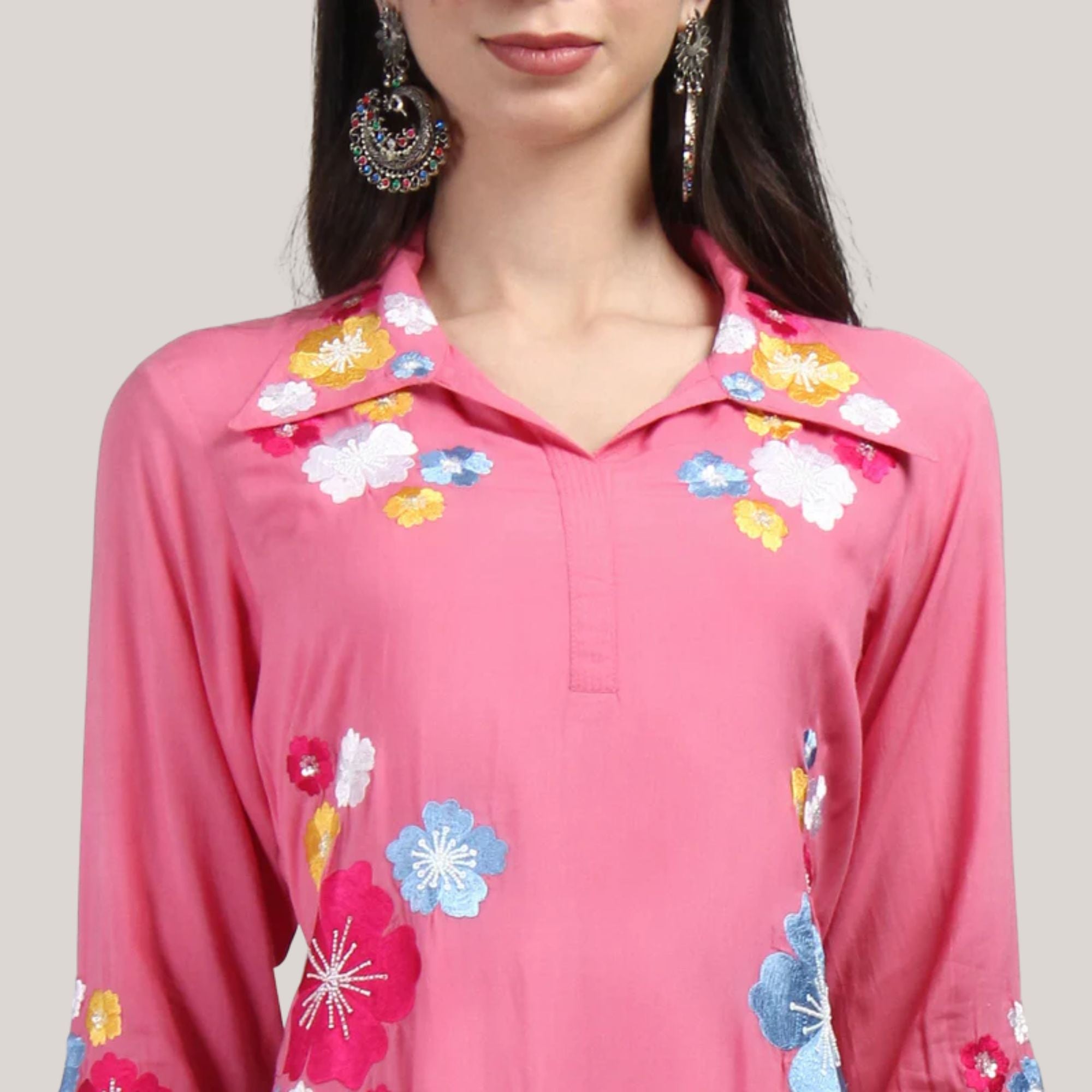 Modal Fabric Kurti-Pant With Flower Pearl And Hand Work Embroidery