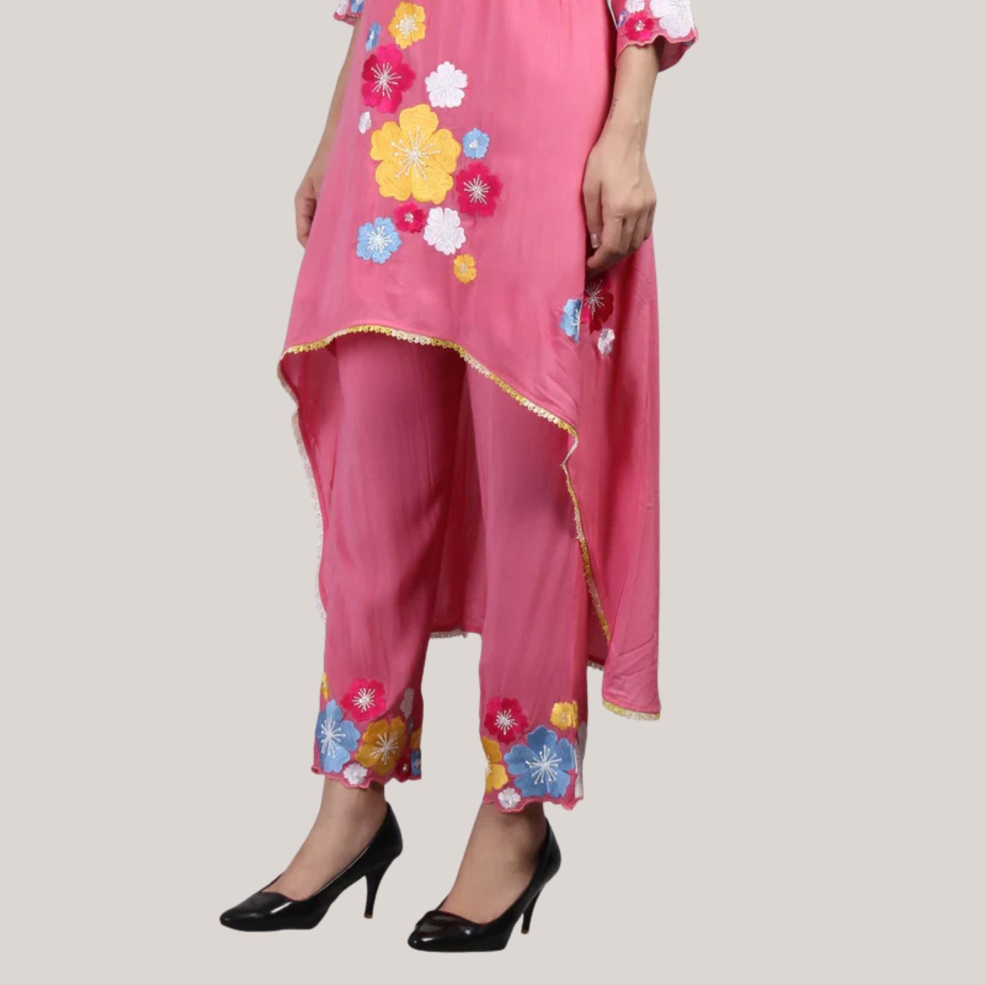Modal Fabric Kurti-Pant With Flower Pearl And Hand Work Embroidery