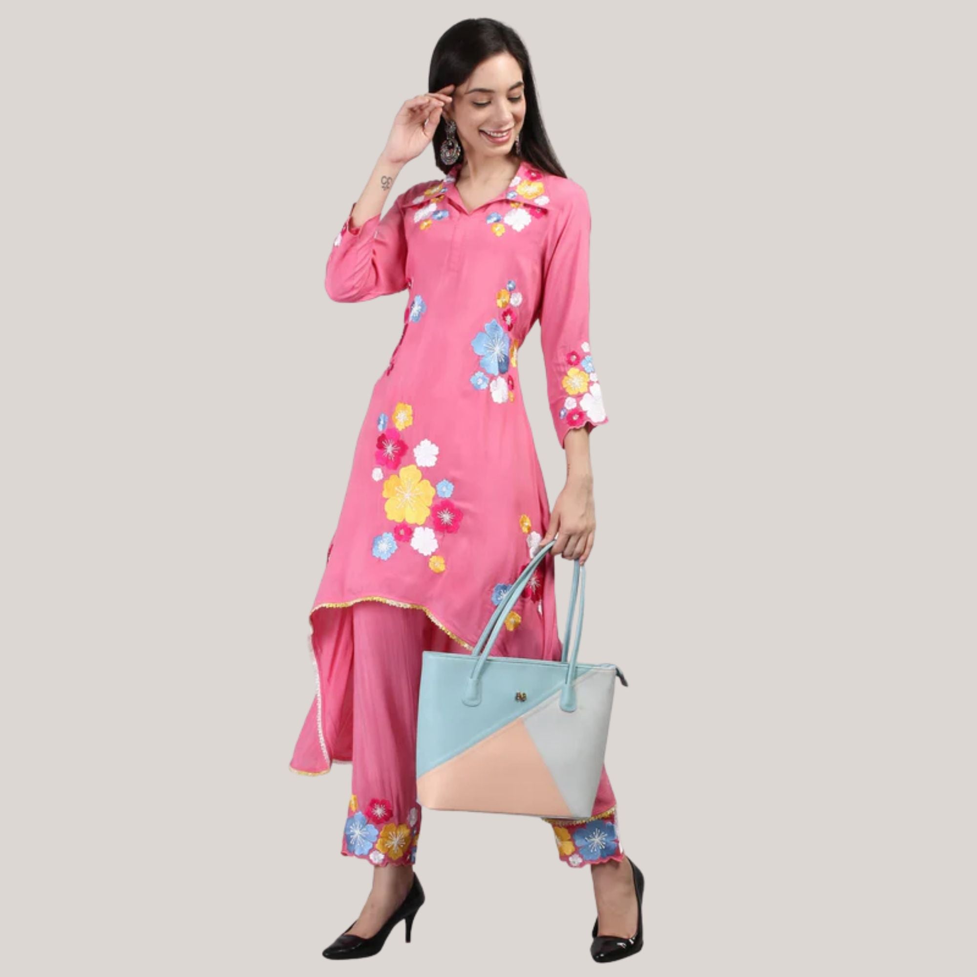 Modal Fabric Kurti-Pant With Flower Pearl And Hand Work Embroidery