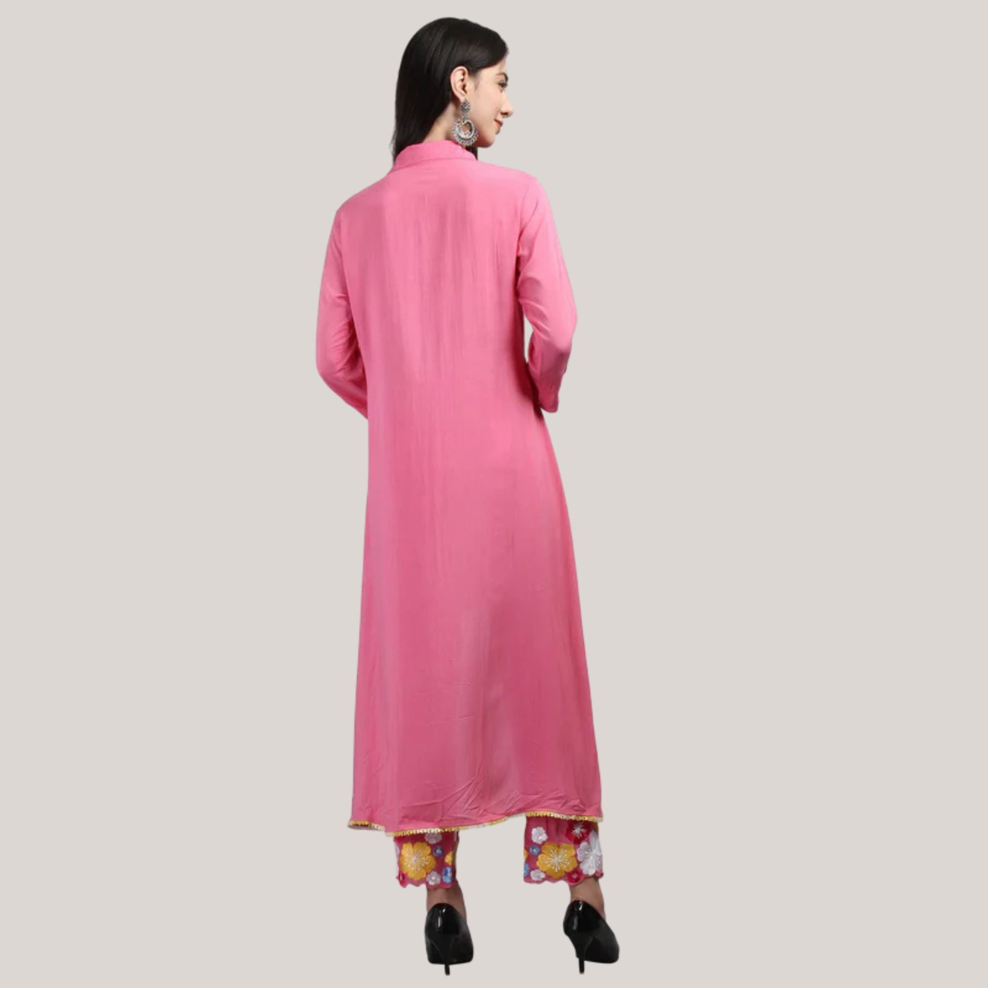 Modal Fabric Kurti-Pant With Flower Pearl And Hand Work Embroidery
