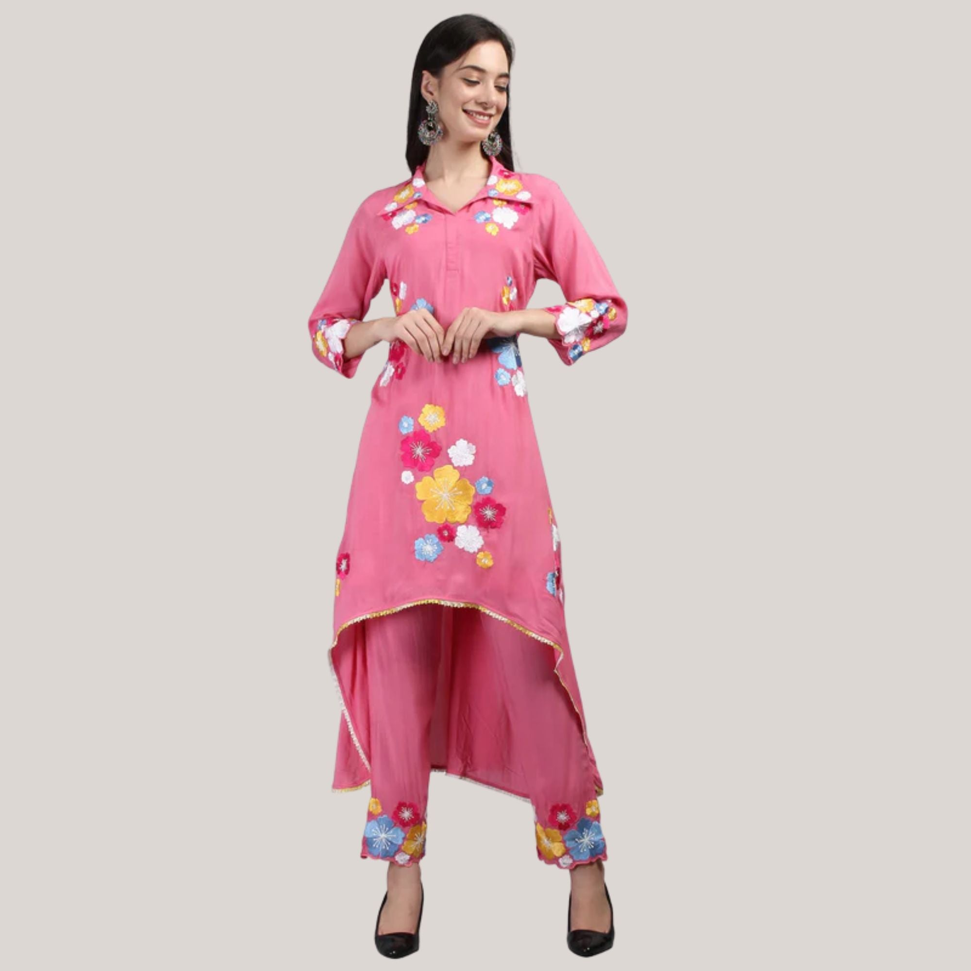 Modal Fabric Kurti-Pant With Flower Pearl And Hand Work Embroidery