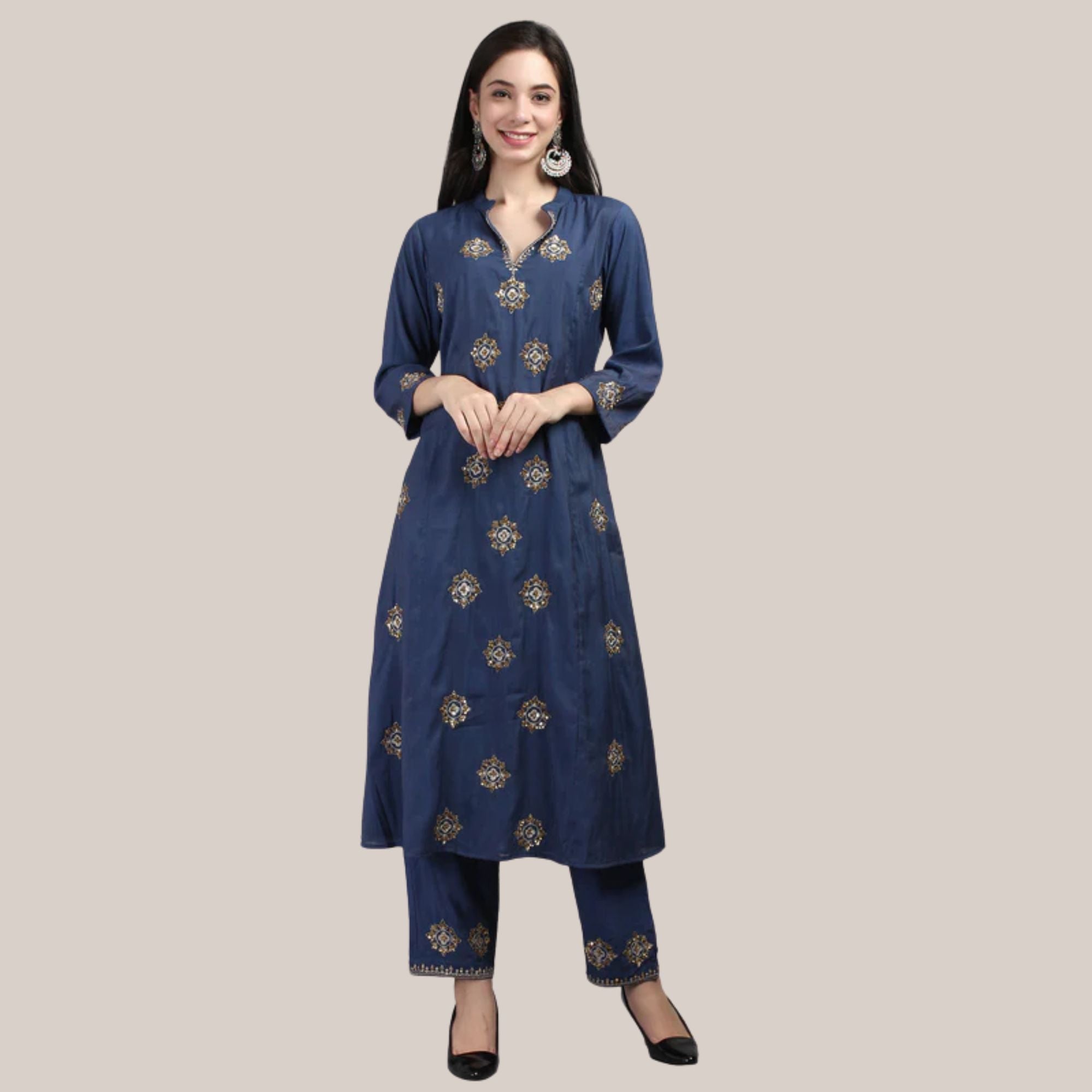 Chanderi Straight Suit Set With Zari And Sequence Work Embroider