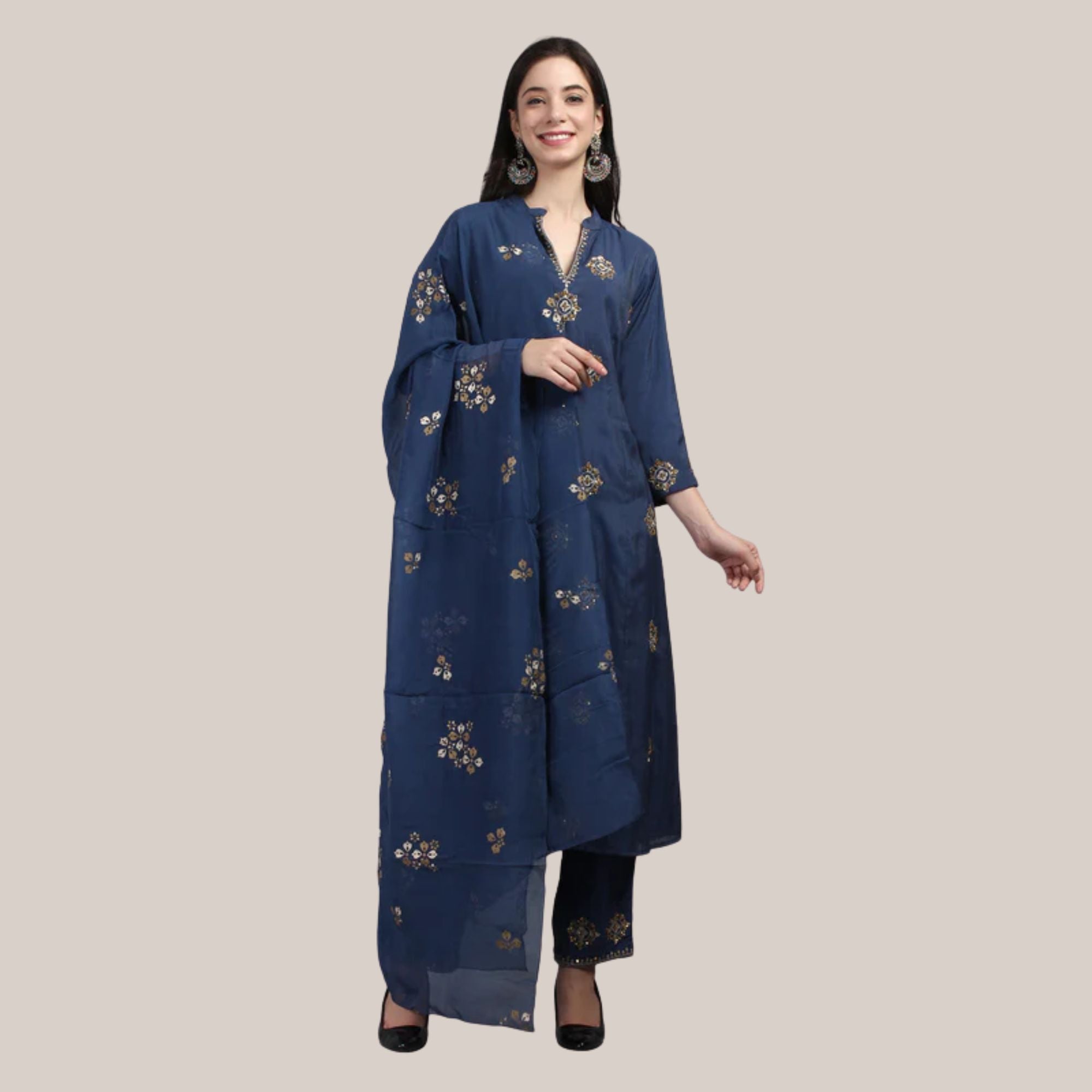 Chanderi Straight Suit Set With Zari And Sequence Work Embroider