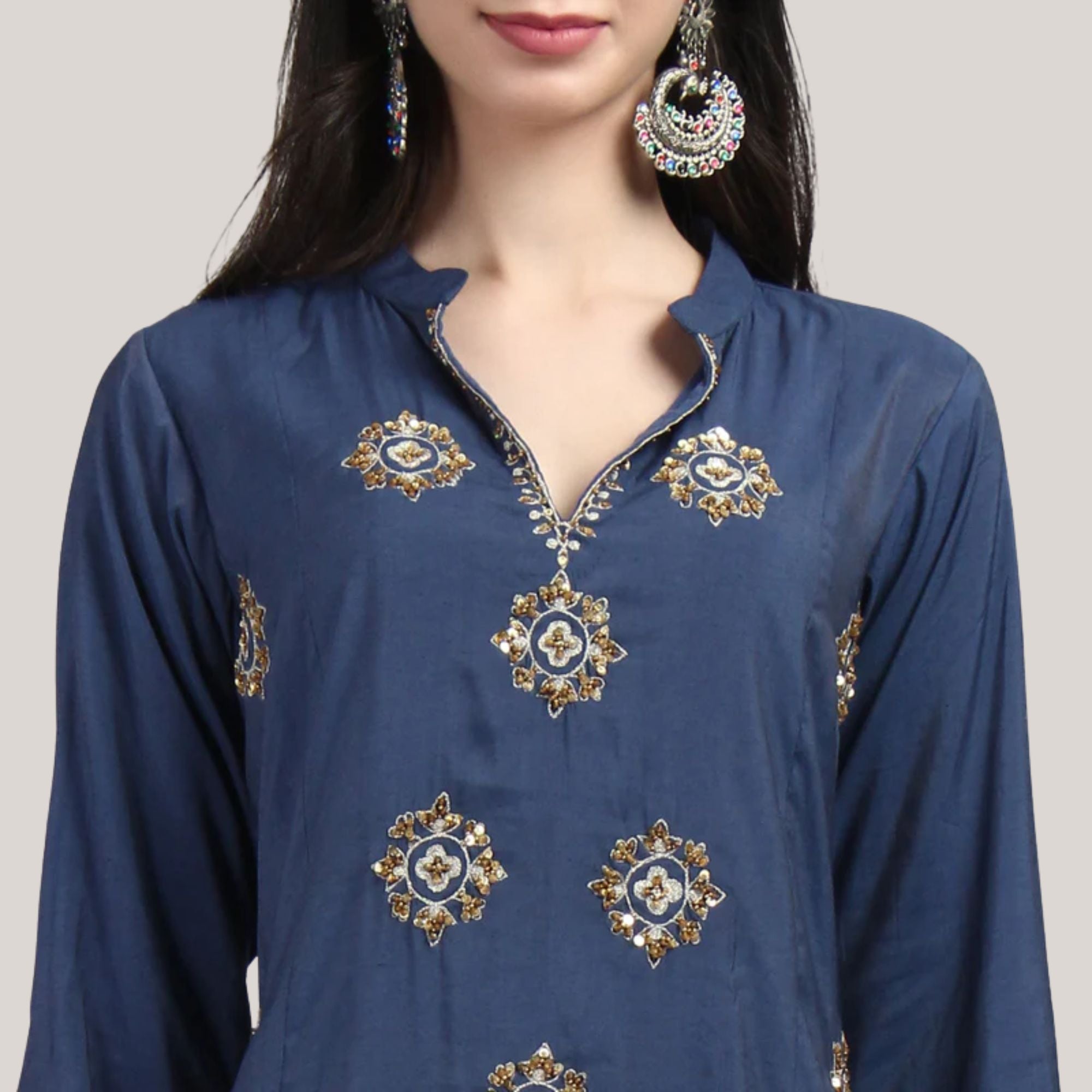 Chanderi Straight Suit Set With Zari And Sequence Work Embroider