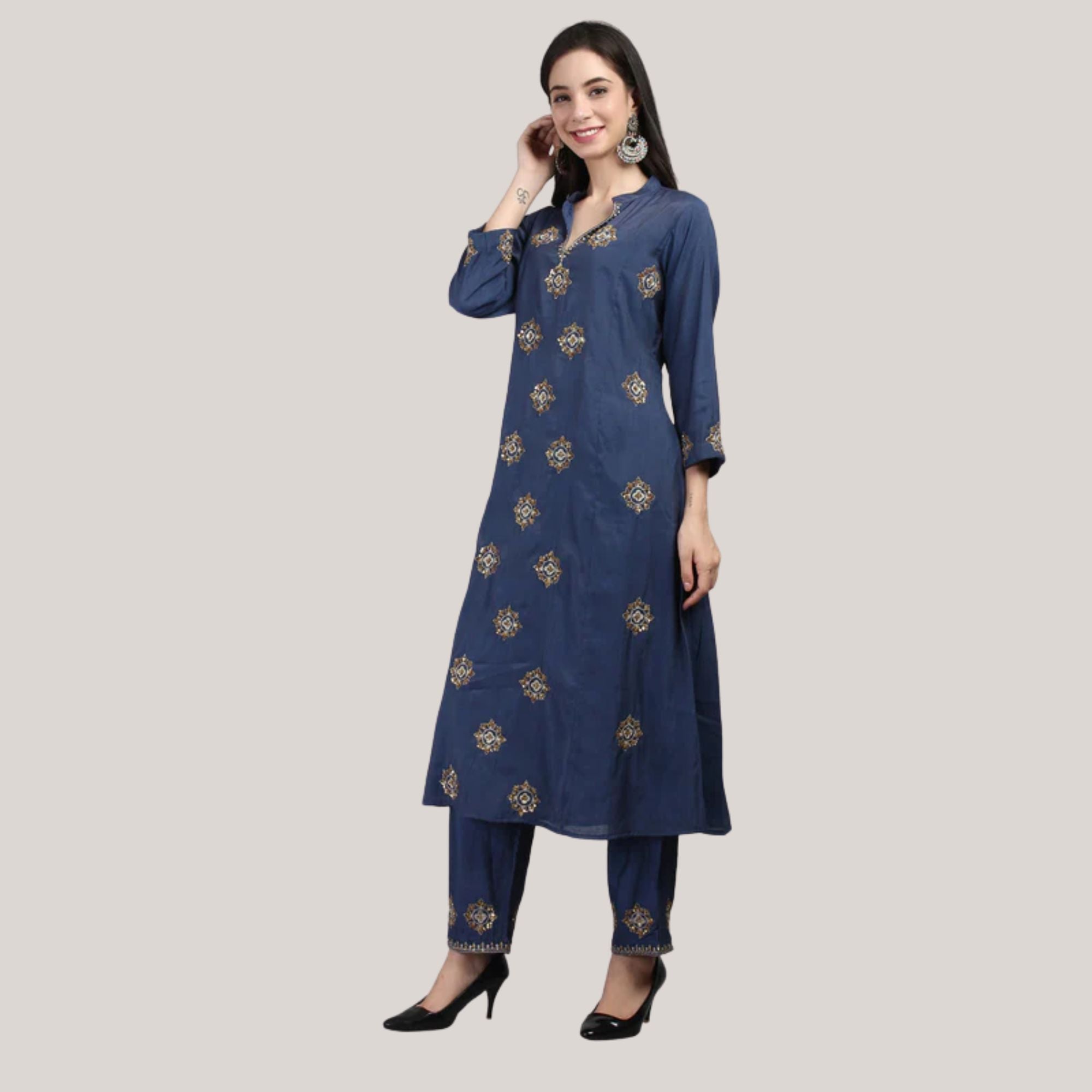 Chanderi Straight Suit Set With Zari And Sequence Work Embroider
