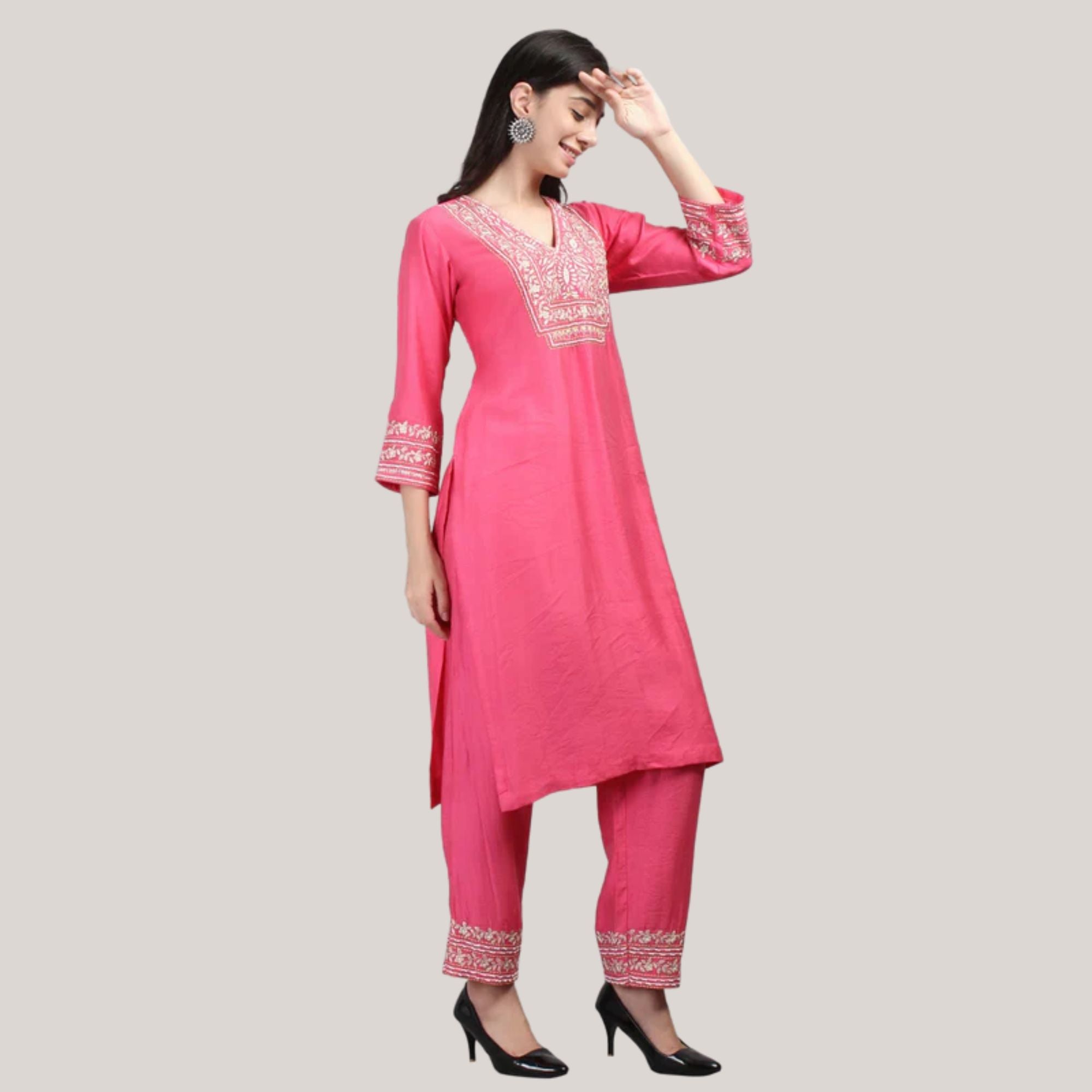 Viscose Chanderi Suit Set With Machine & Hand Emroidery