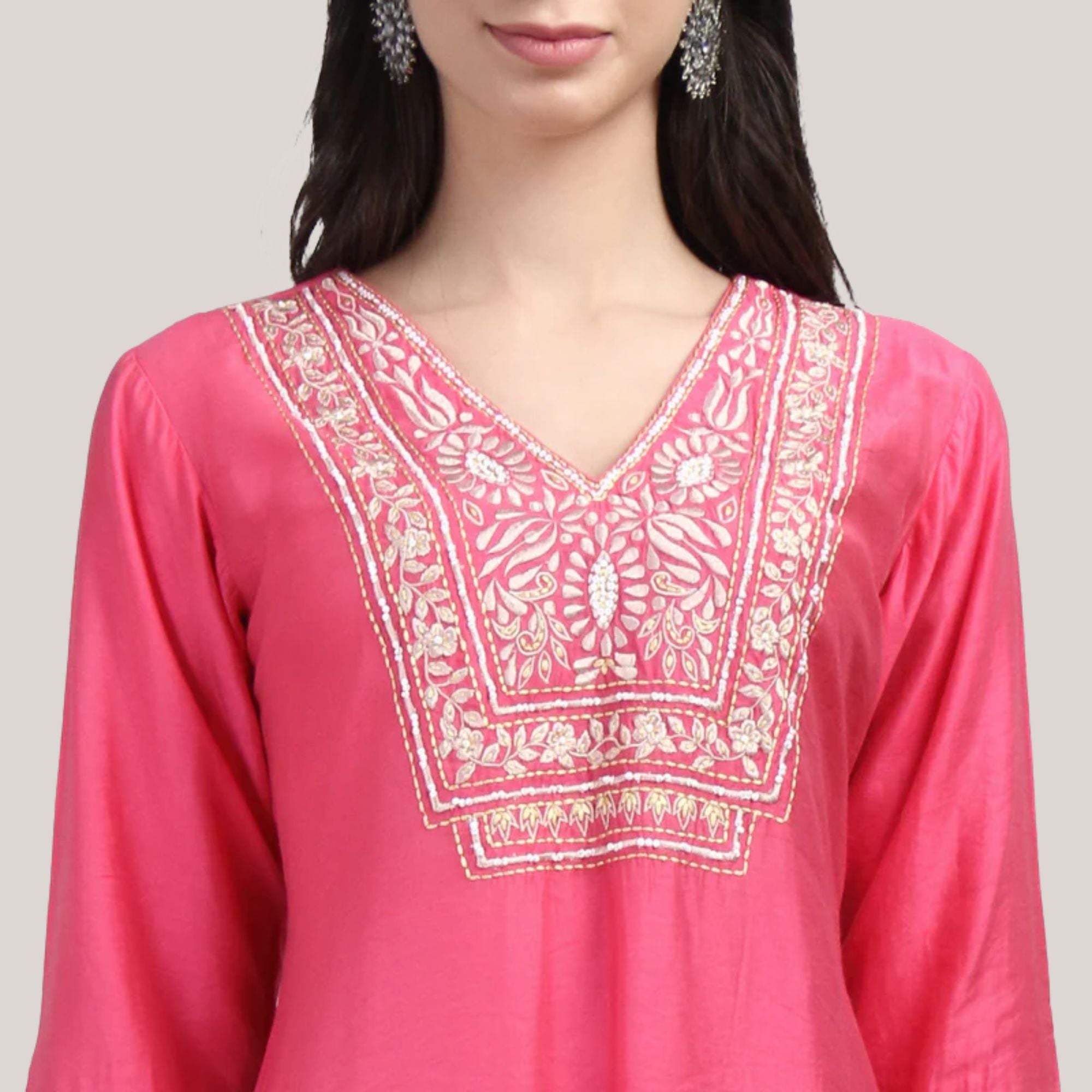 Viscose Chanderi Suit Set With Machine & Hand Emroidery