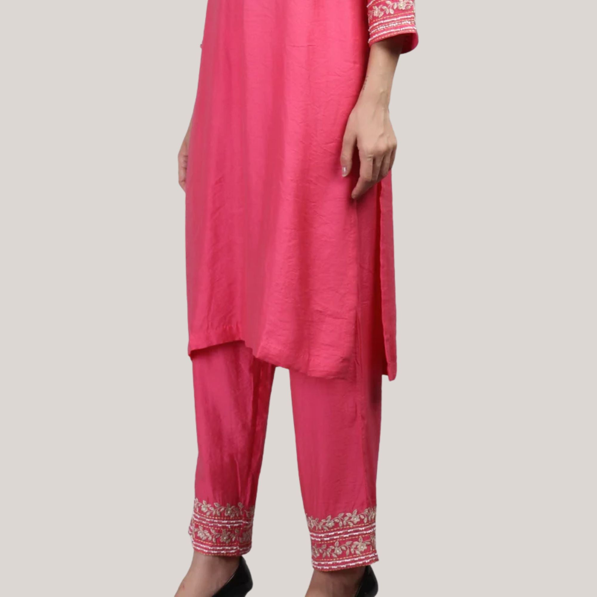 Viscose Chanderi Suit Set With Machine & Hand Emroidery