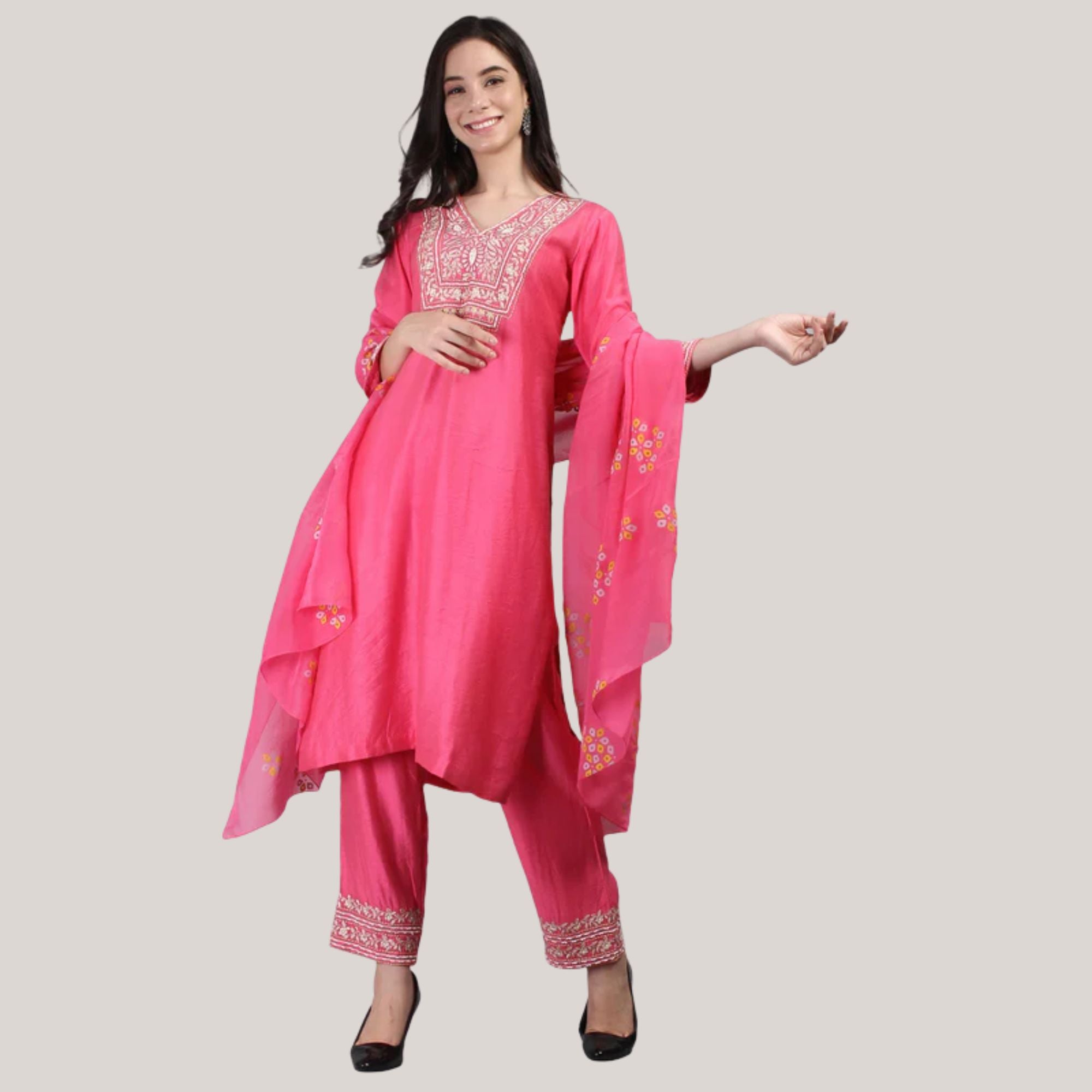 Viscose Chanderi Suit Set With Machine & Hand Emroidery