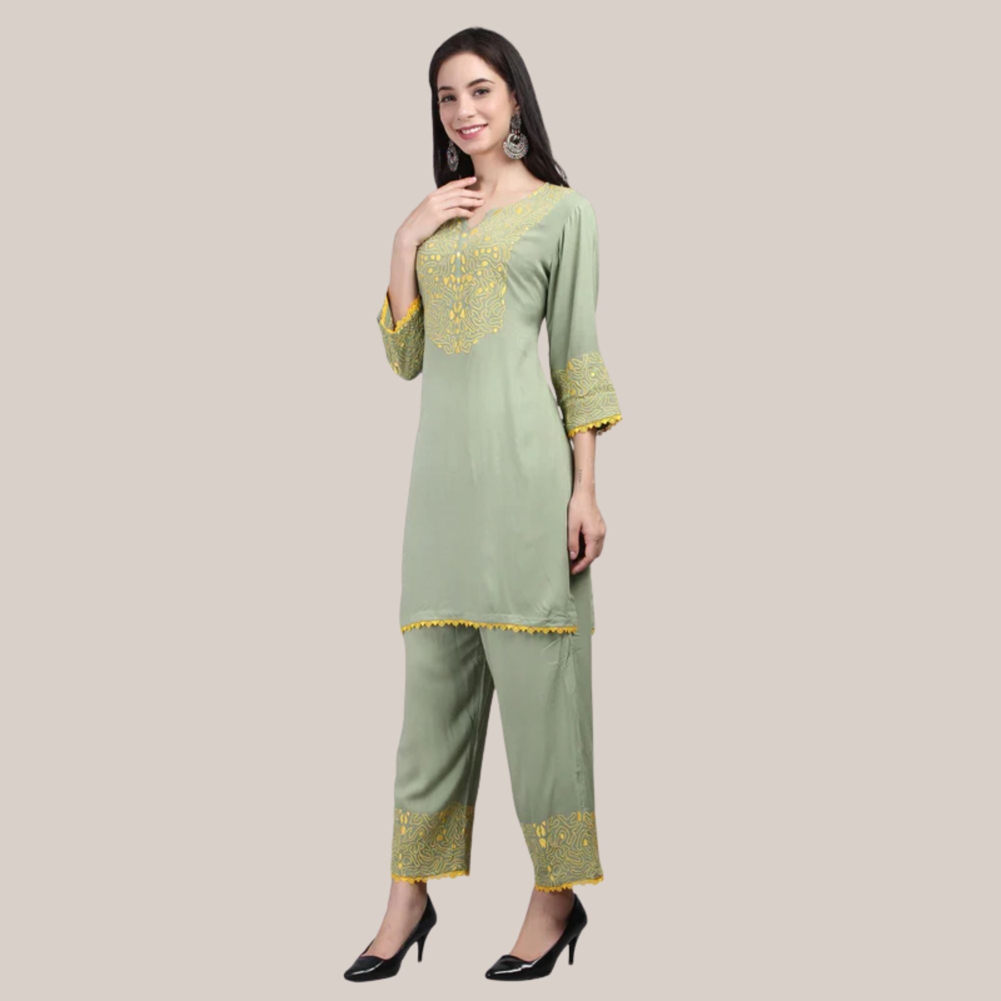 Rayon Fabric Co-ord Set With Machine Embroidery