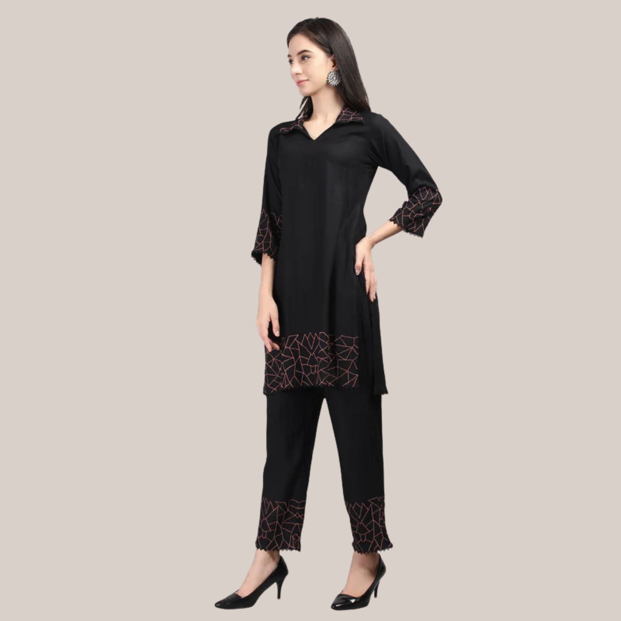 Rayon Co-ord Set With Thread Work Embroidery