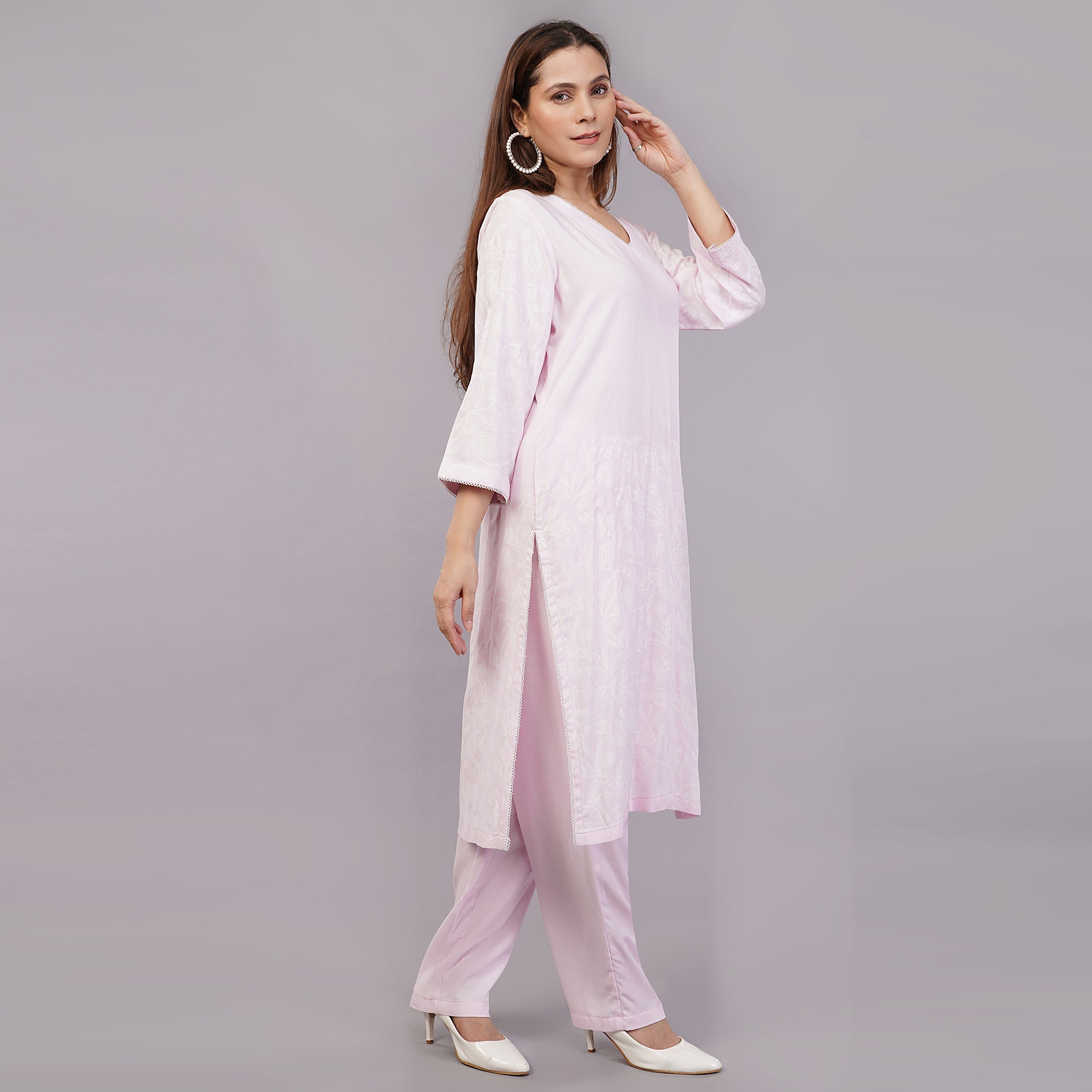 Rayon Flower Block Printed Co-ord Set with Lace Work