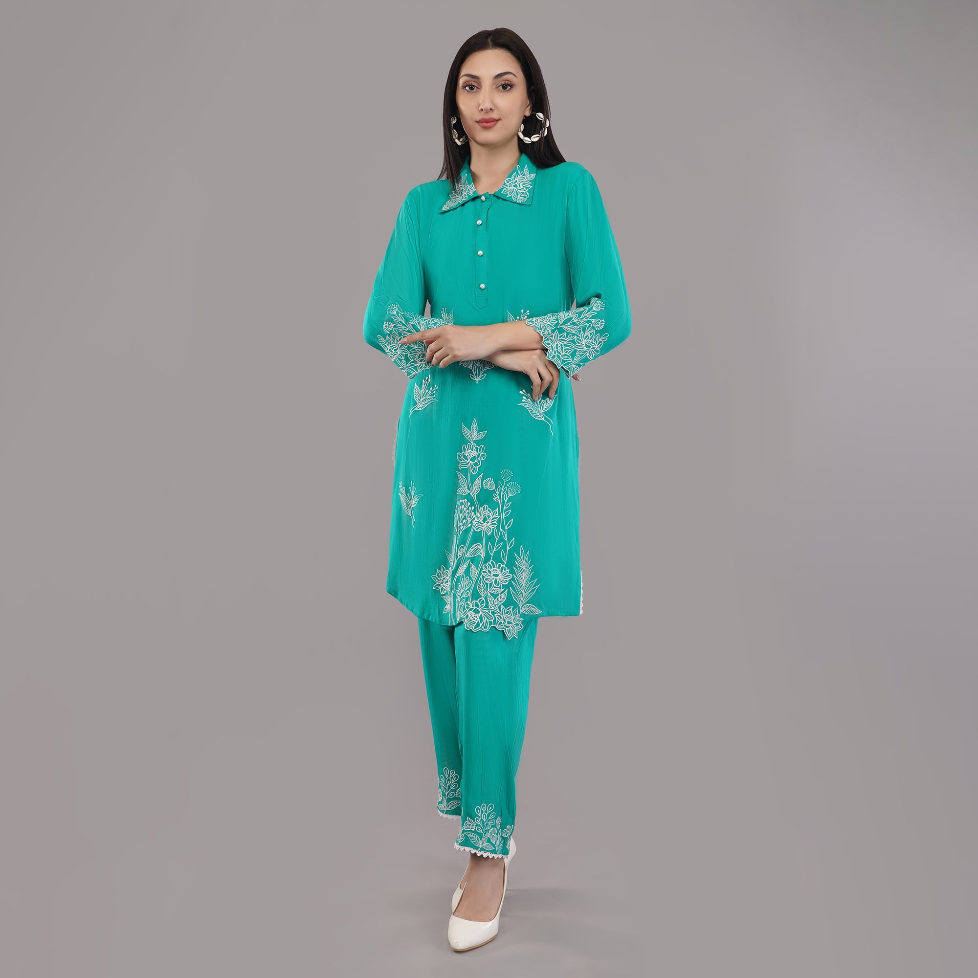 Rayon Fabric Co-ord Set With Machine Thread Work Krishika Kreation