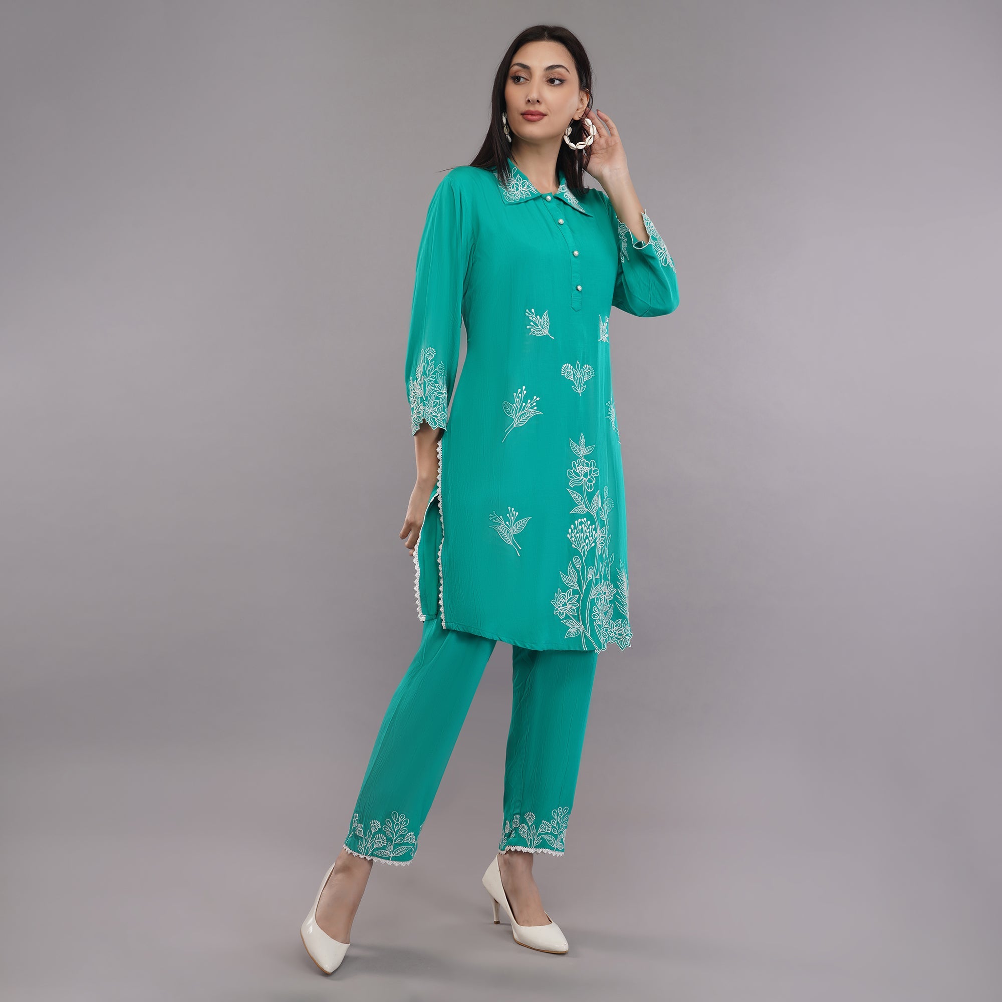 Rayon Fabric Co-ord Set With Machine Thread Work Krishika Kreation