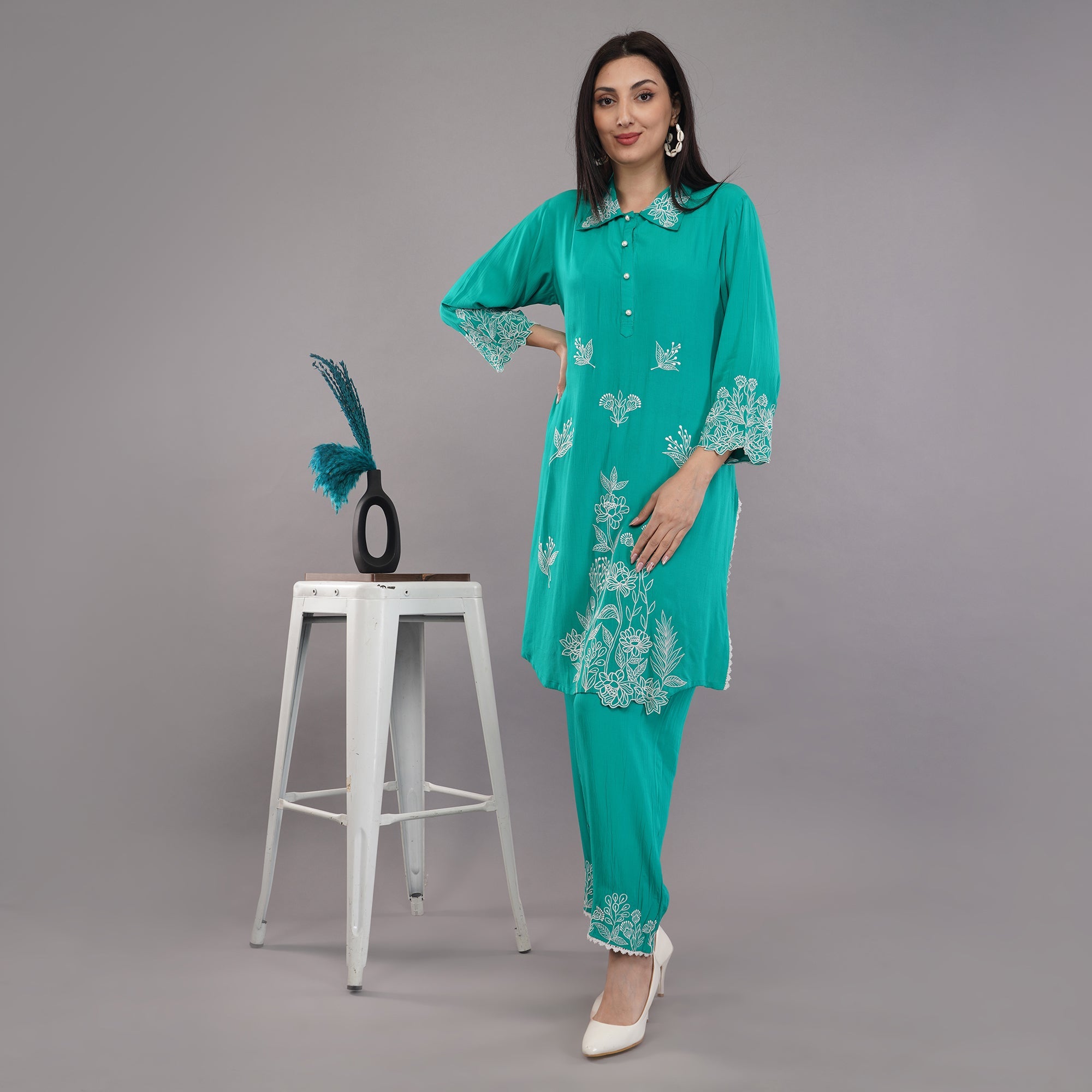 Rayon Fabric Co-ord Set With Machine Thread Work Krishika Kreation