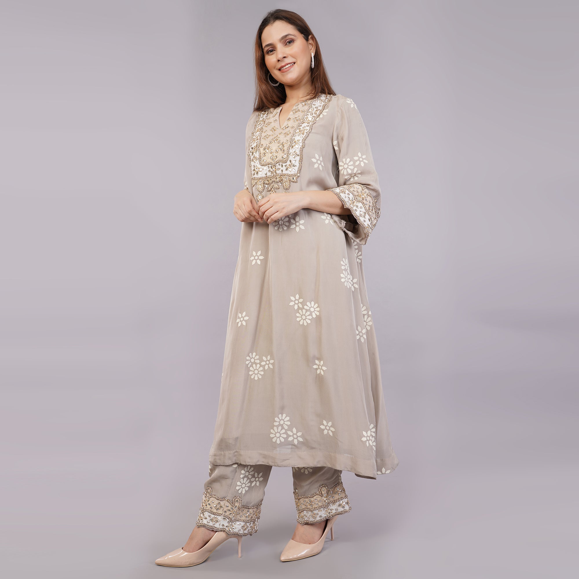 Pastal Grey Organga Suit Set with Gotta Patti Hand Work Krishika Kreation