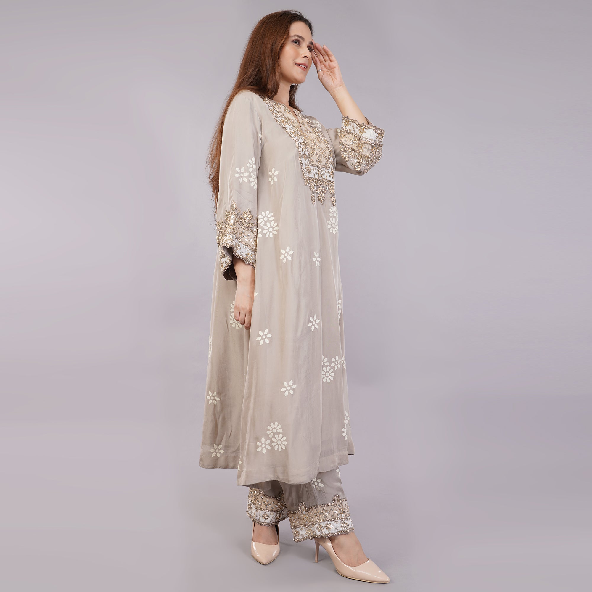 Pastal Grey Organga Suit Set with Gotta Patti Hand Work Krishika Kreation