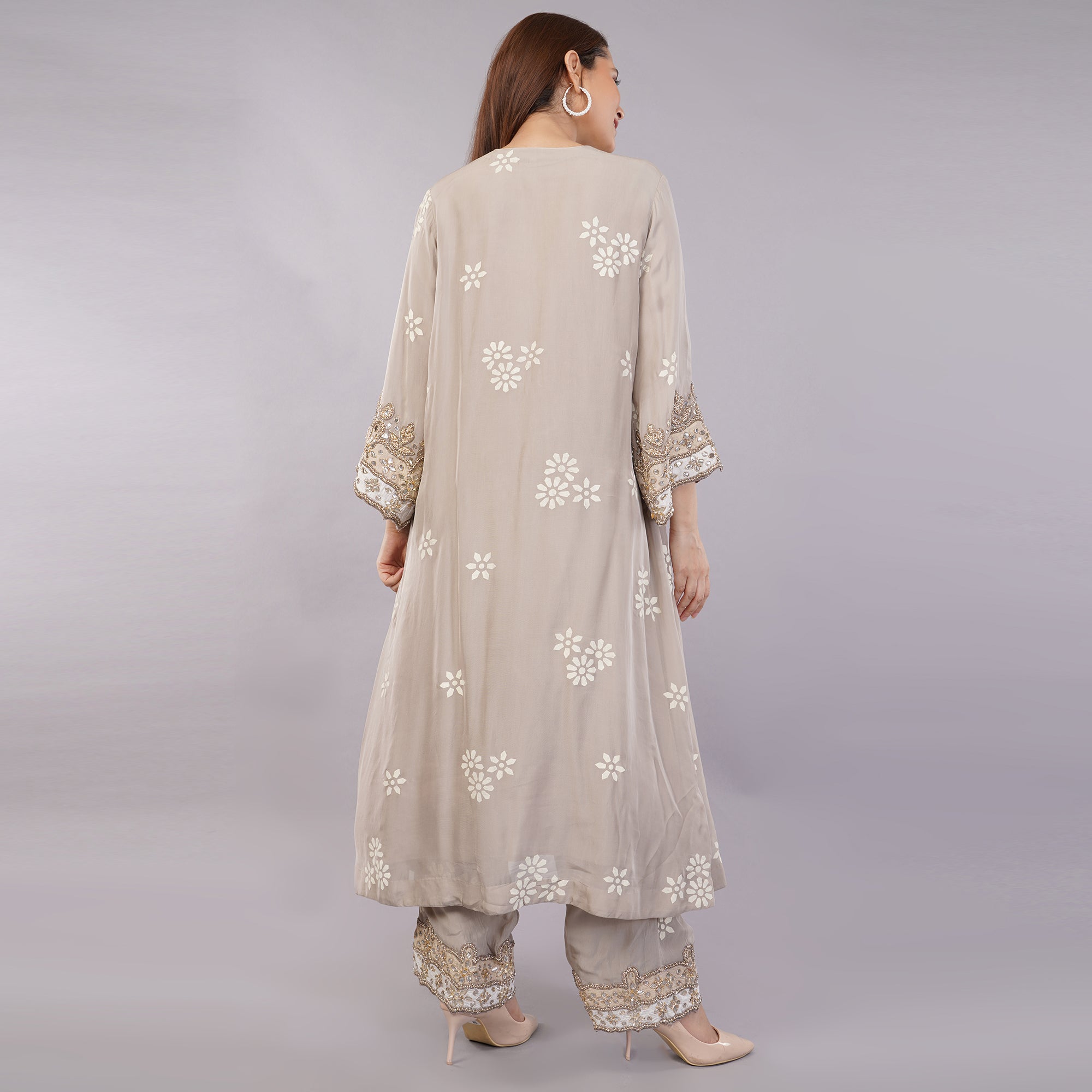 Pastal Grey Organga Suit Set with Gotta Patti Hand Work Krishika Kreation