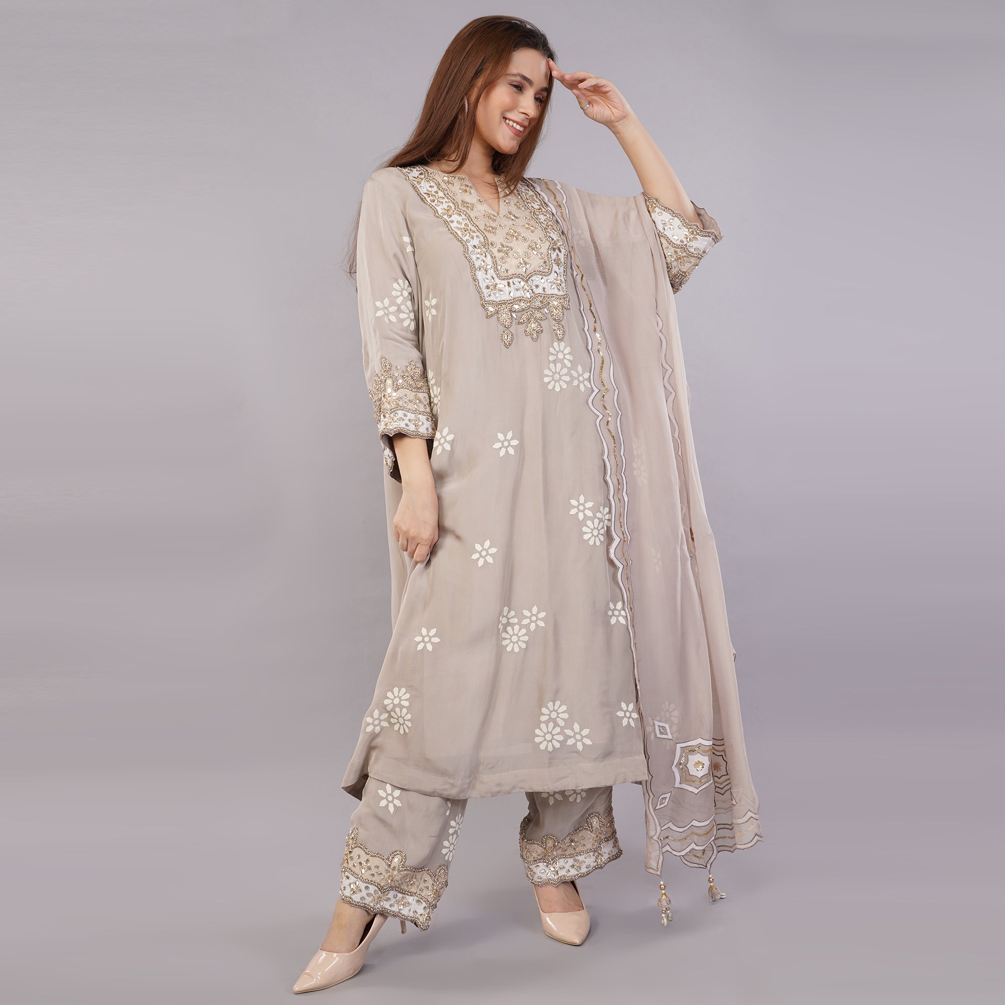 Pastal Grey Organga Suit Set with Gotta Patti Hand Work Krishika Kreation