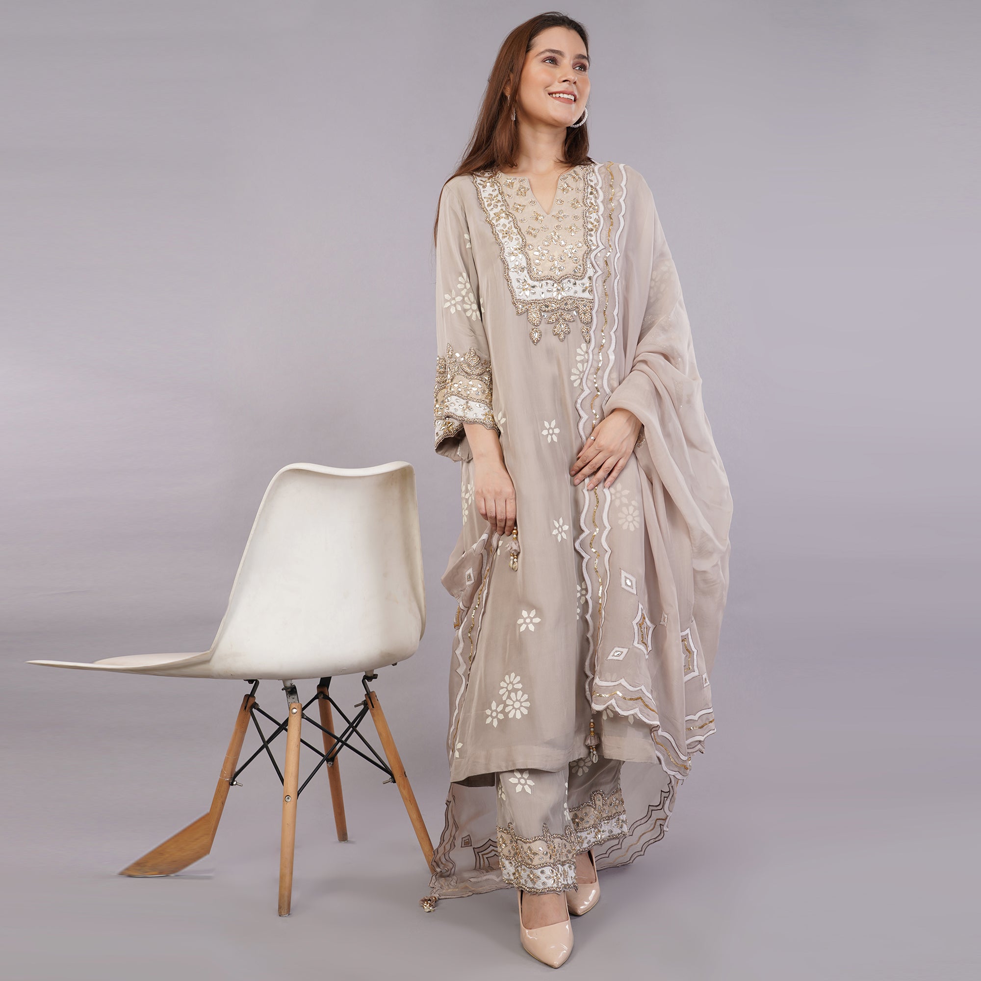 Pastal Grey Organga Suit Set with Gotta Patti Hand Work Krishika Kreation