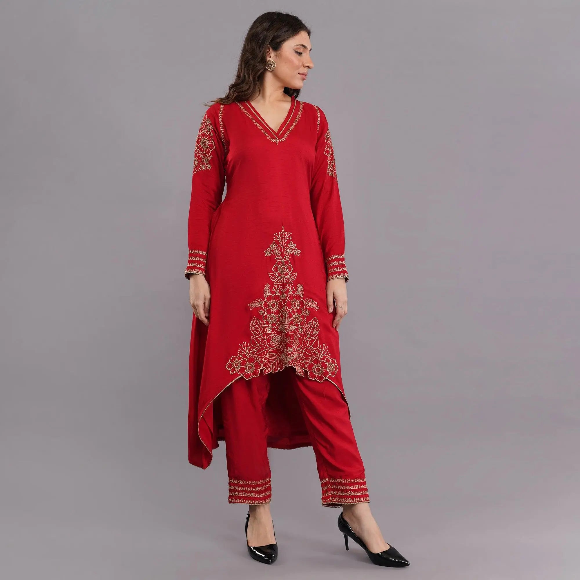 Party wear Chanderi suit with zari detailing