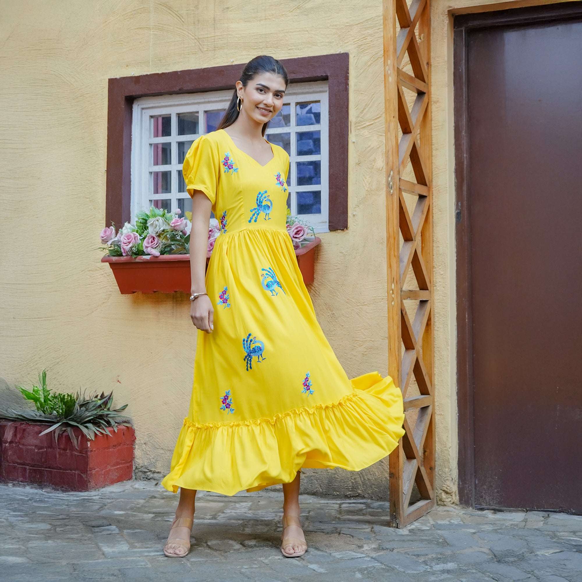 yellow embroidered dress