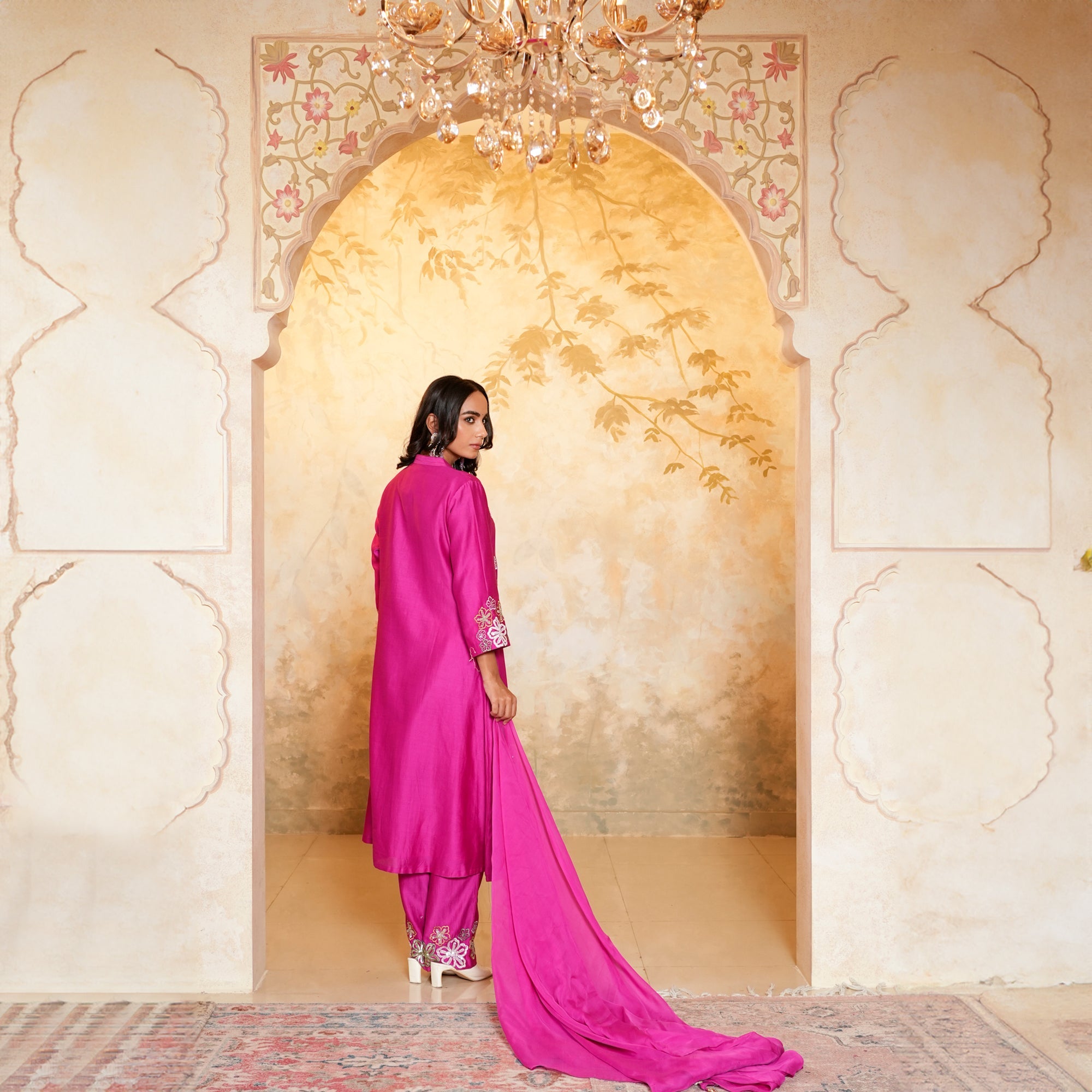 Designer festive suits in Chanderi fabric