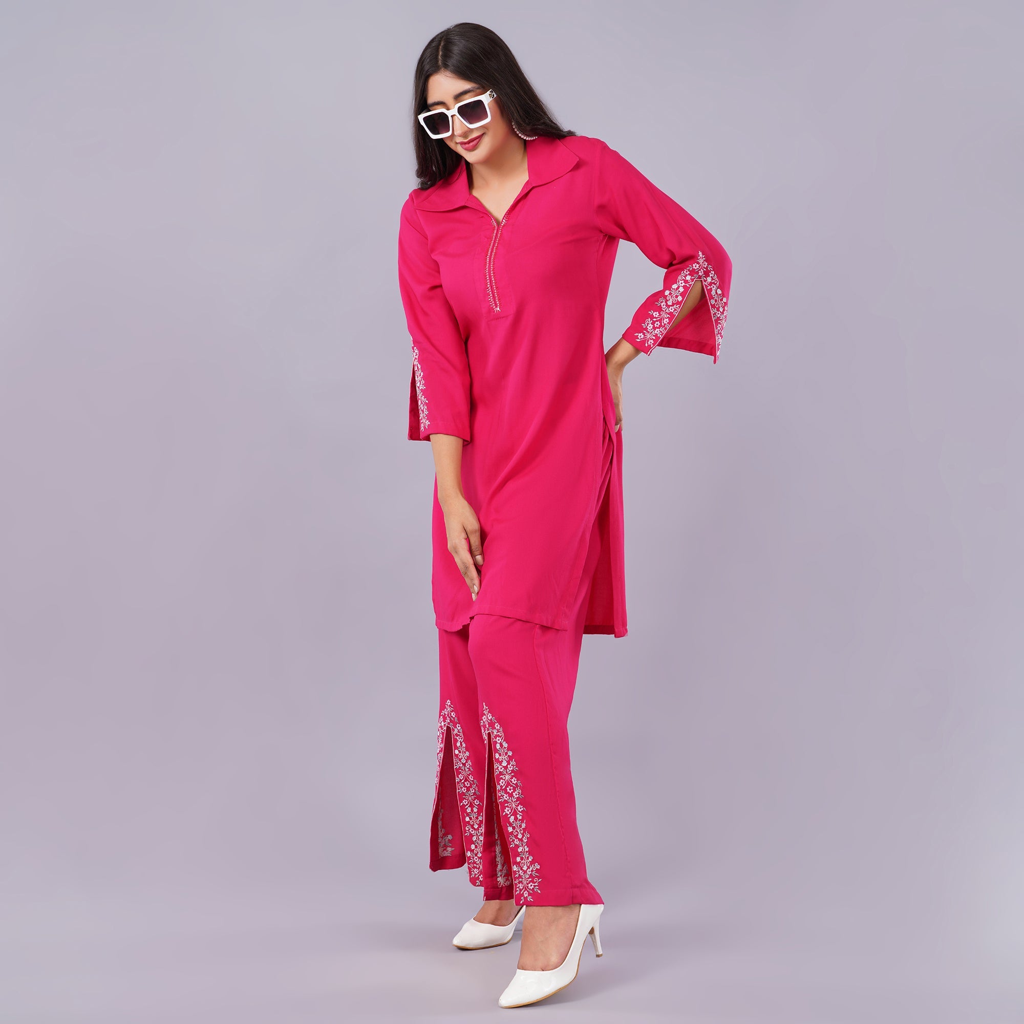 Rayon Kurti Pant Set With Embroidery