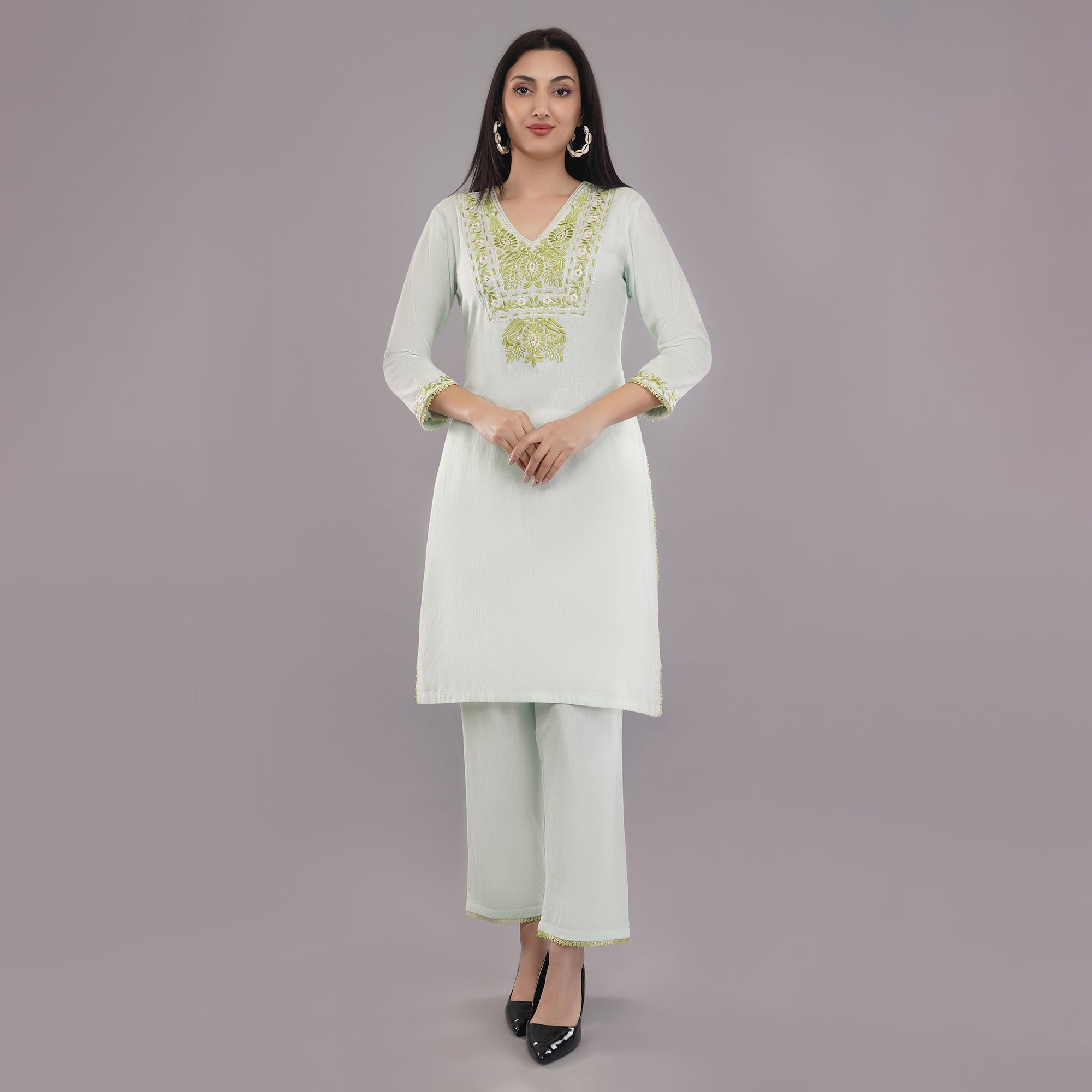 Rayon Fabric Light Green Kurti Set