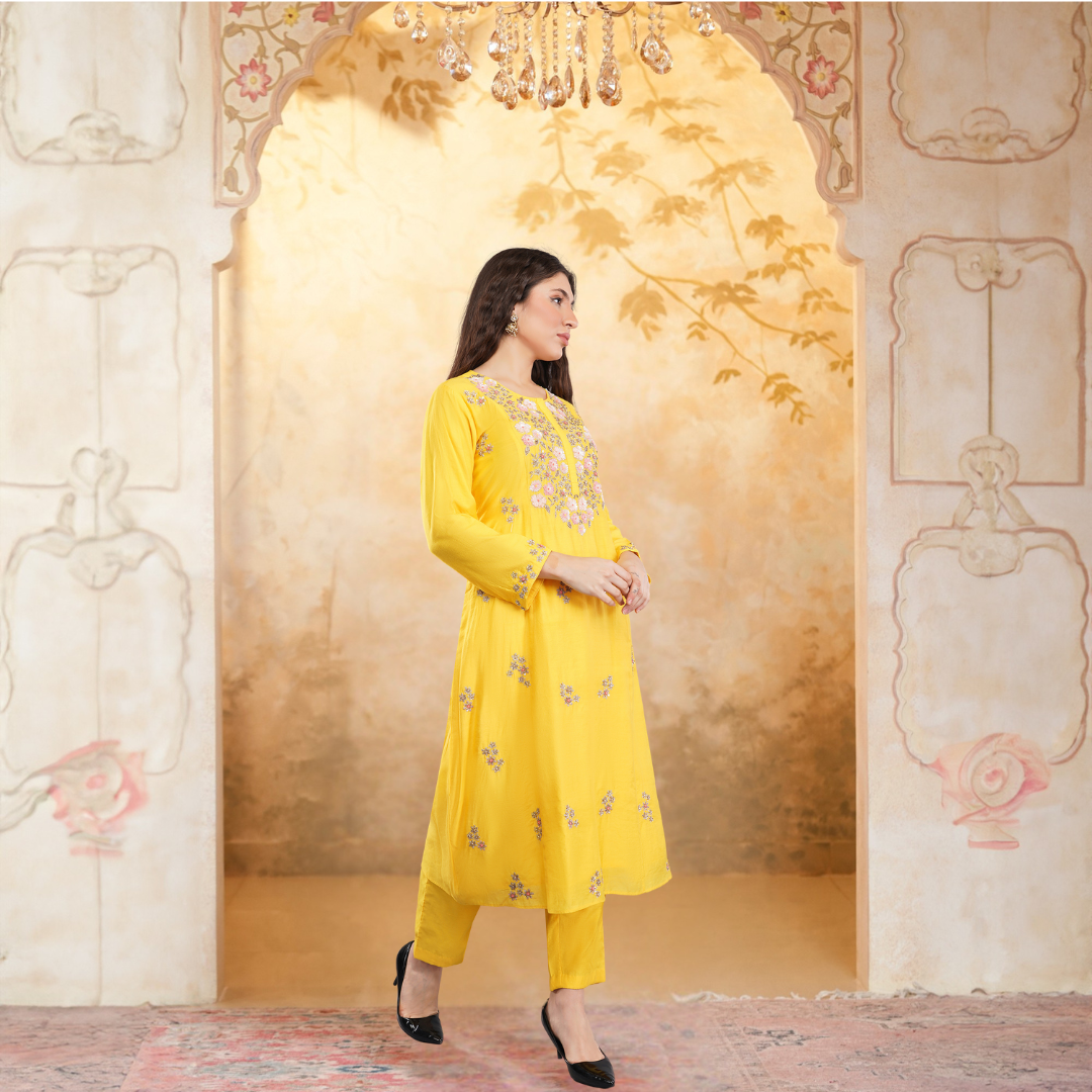 Yellow Suit Set with Heavy Hand Work