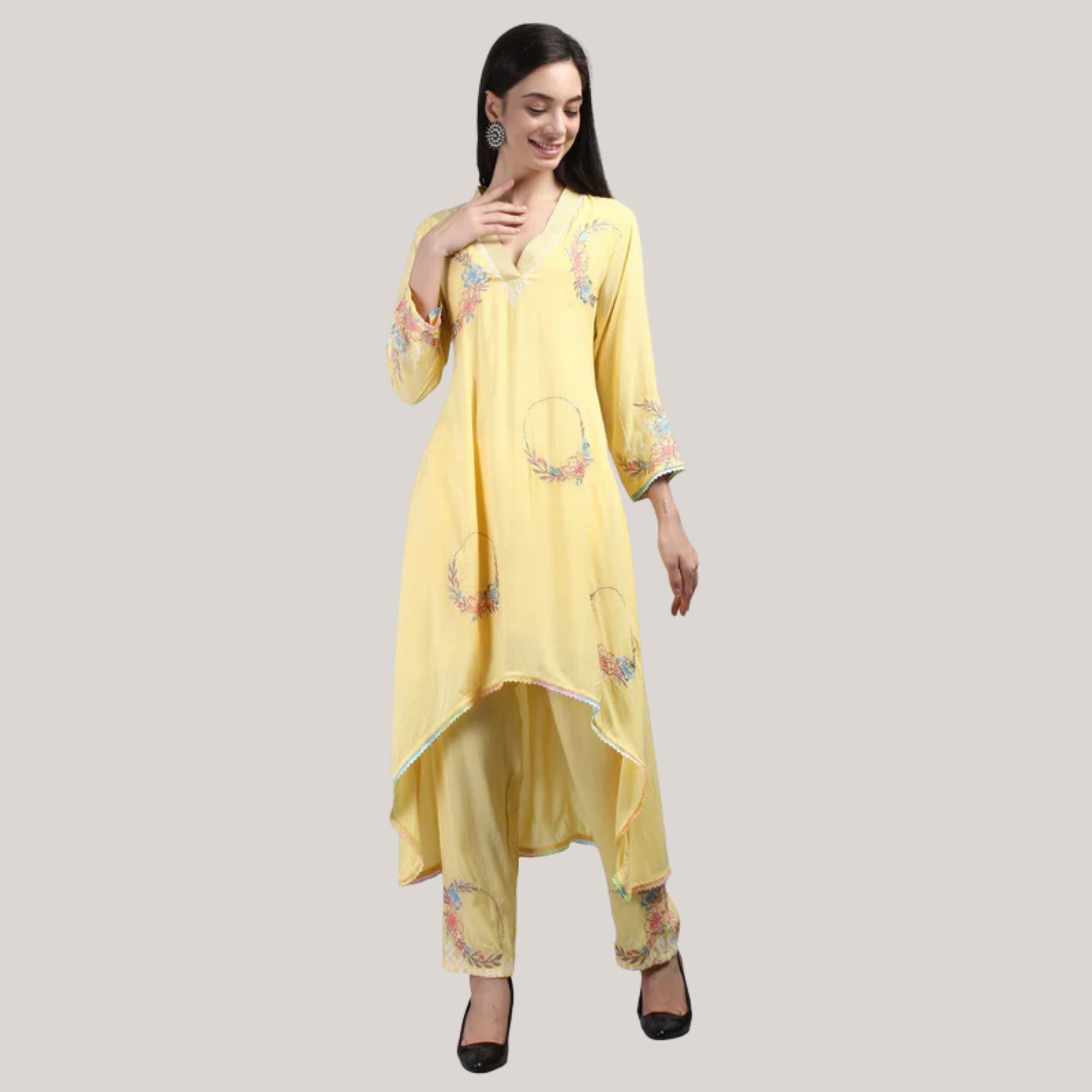 Yellow v-neck kurti set