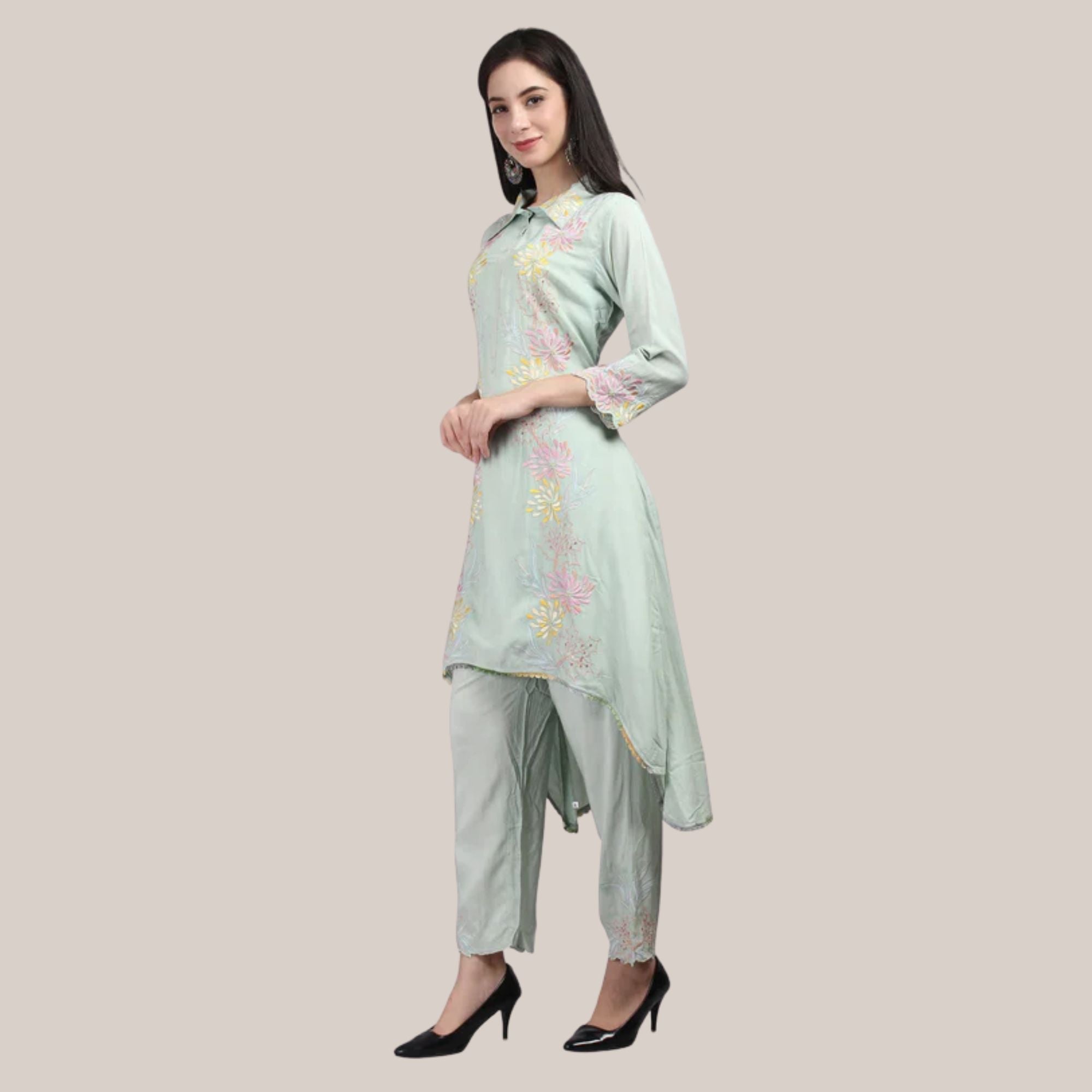 embroidered green kurta set