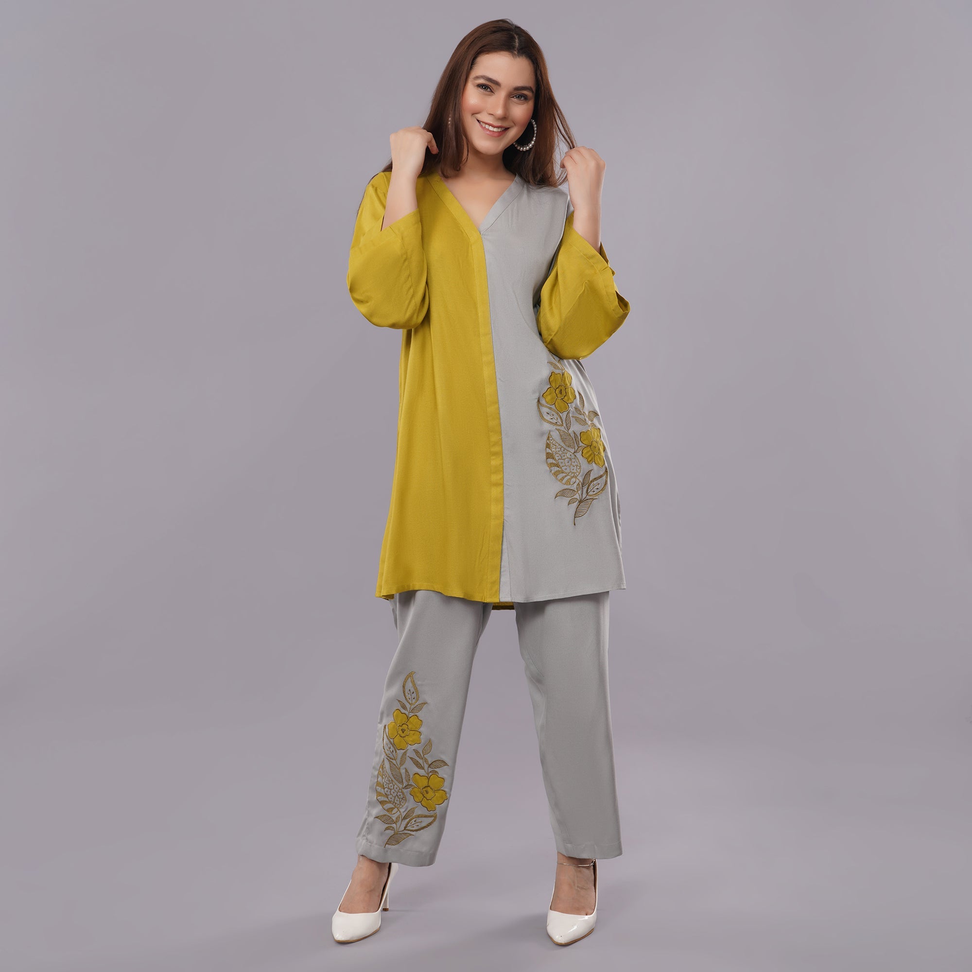 grey and mustard co-ord-sets