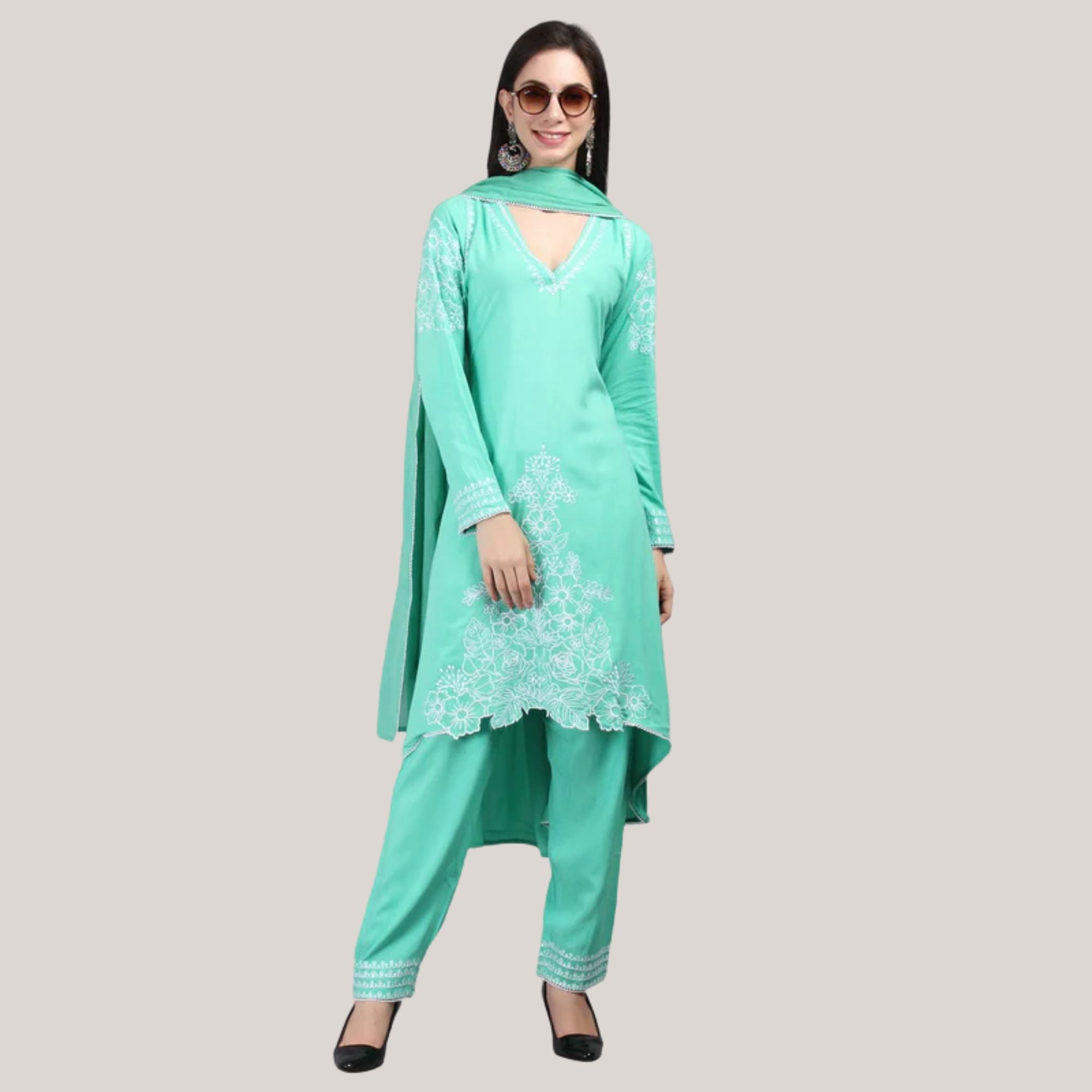 v-neck kurti set with dupatta