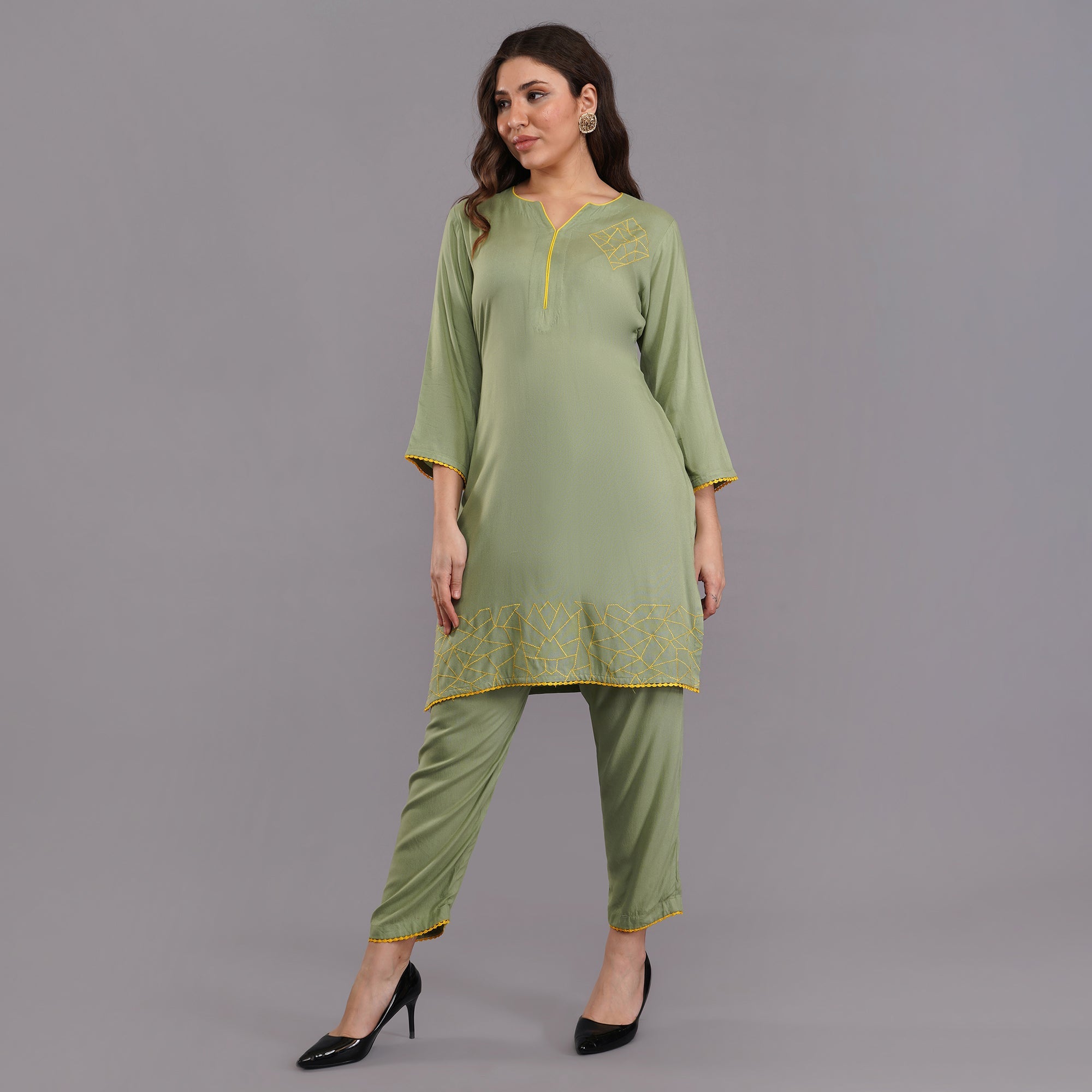Olive green cotton straight kurti-set