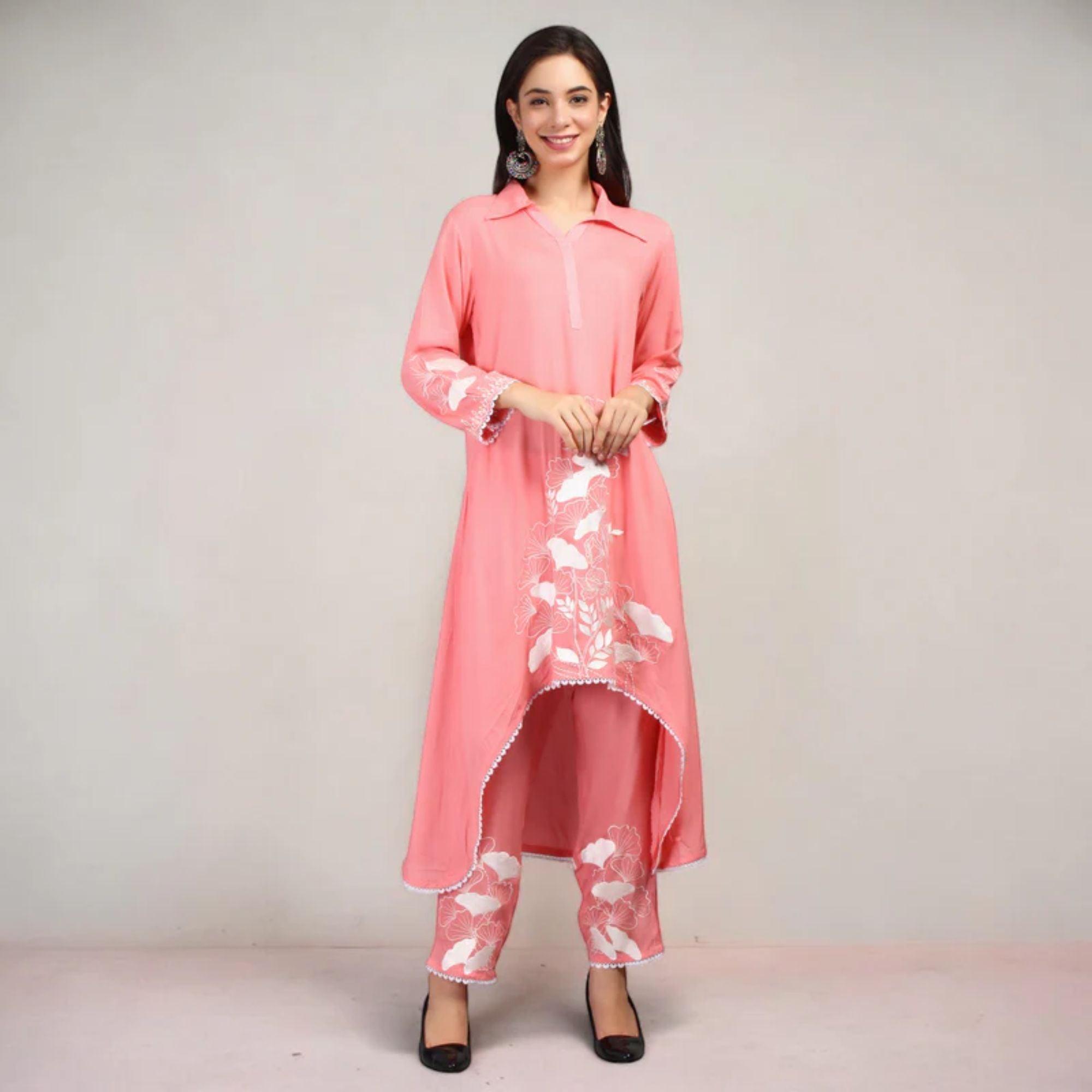 C-cut pink Kurti-Pant